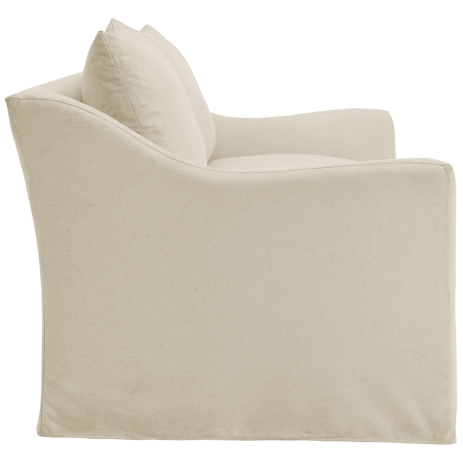 Linen slipcovered loveseat with softly sloped arms and smooth tailored side panel || EEI-7311-LIN || side_studio