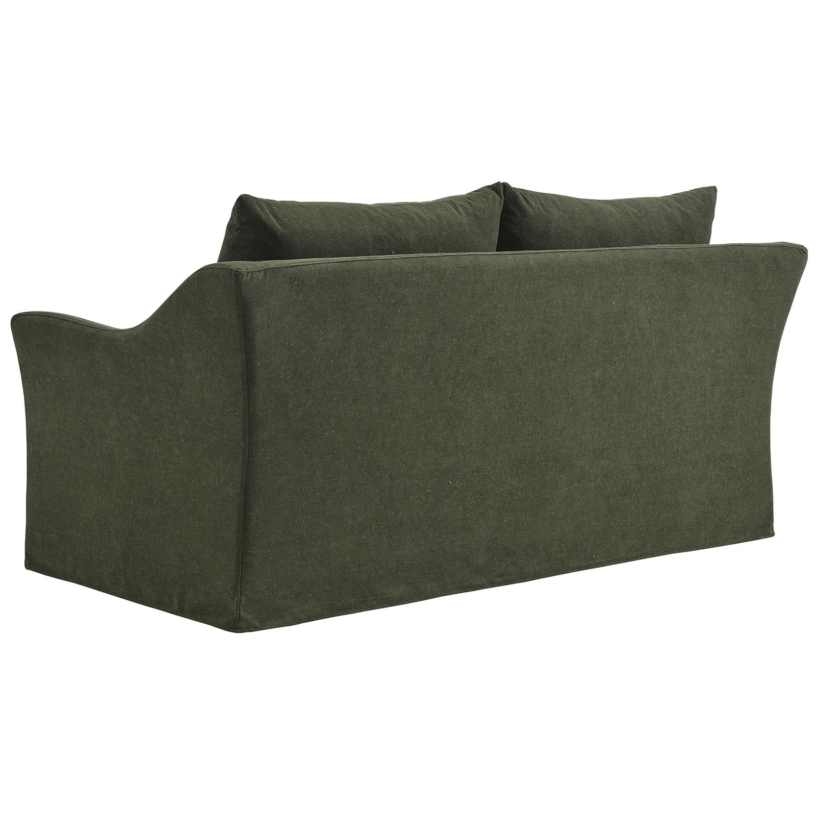 Back view of the Somerset loveseat showcasing its smooth slipcovered silhouette and neatly tailored seams || EEI-7311-SGE || back_angle_studio