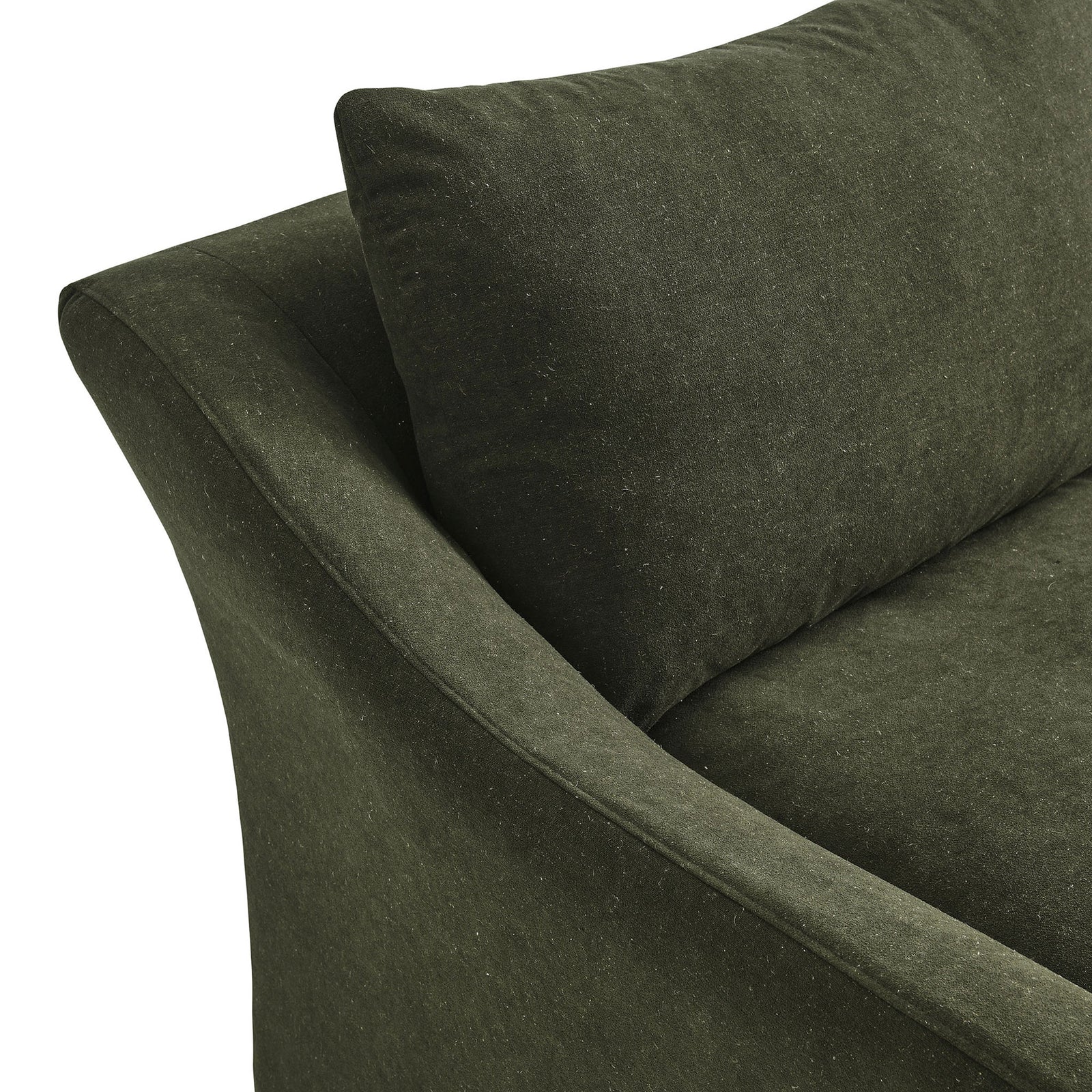 Close-up of the softly sloped arm and plush back cushion in textured sage linen-blend fabric || EEI-7311-SGE || detail_studio