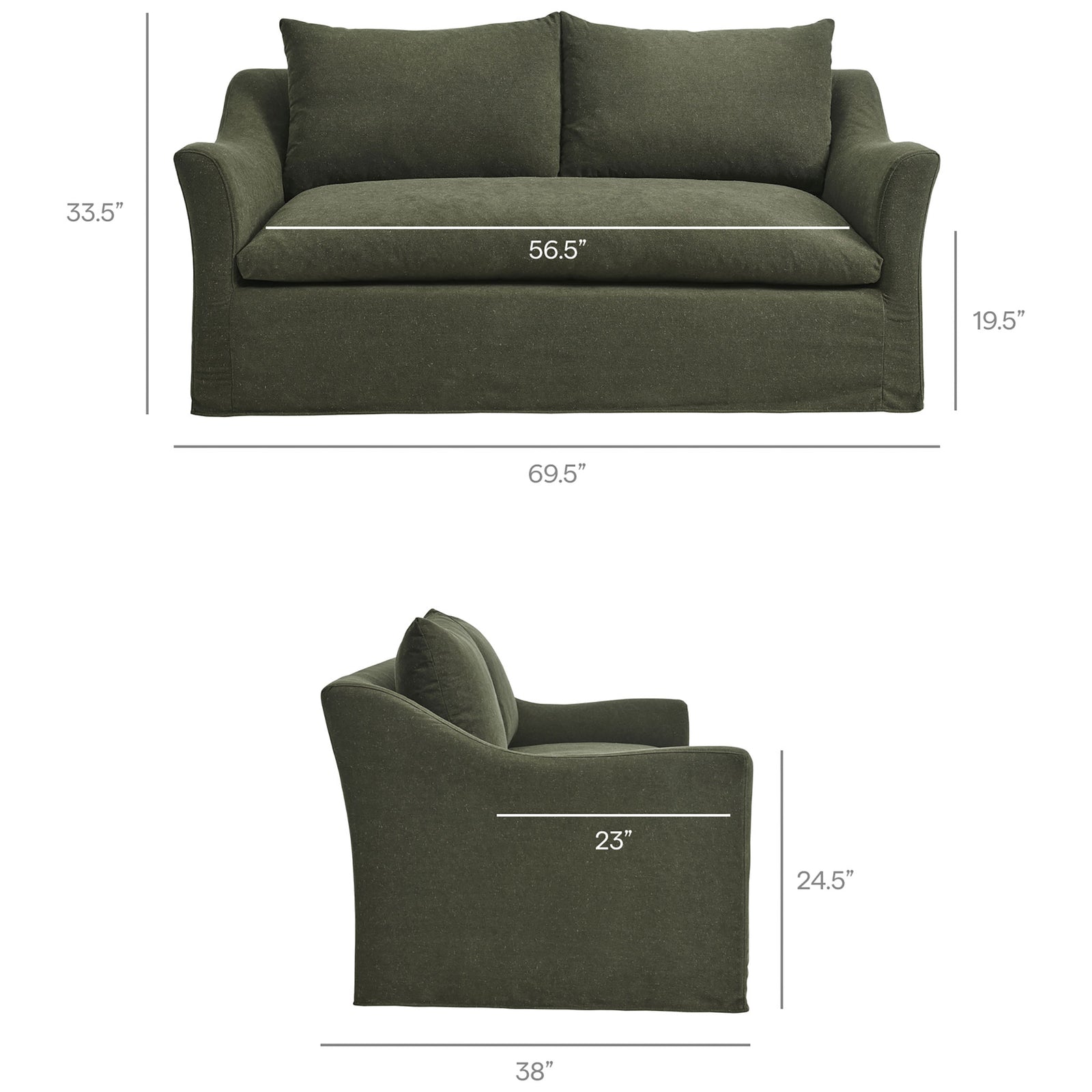 Dimensions of the Somerset sage slipcovered loveseat with measurements for overall width, depth, height, and seat depth || EEI-7311-SGE || dimension_studio