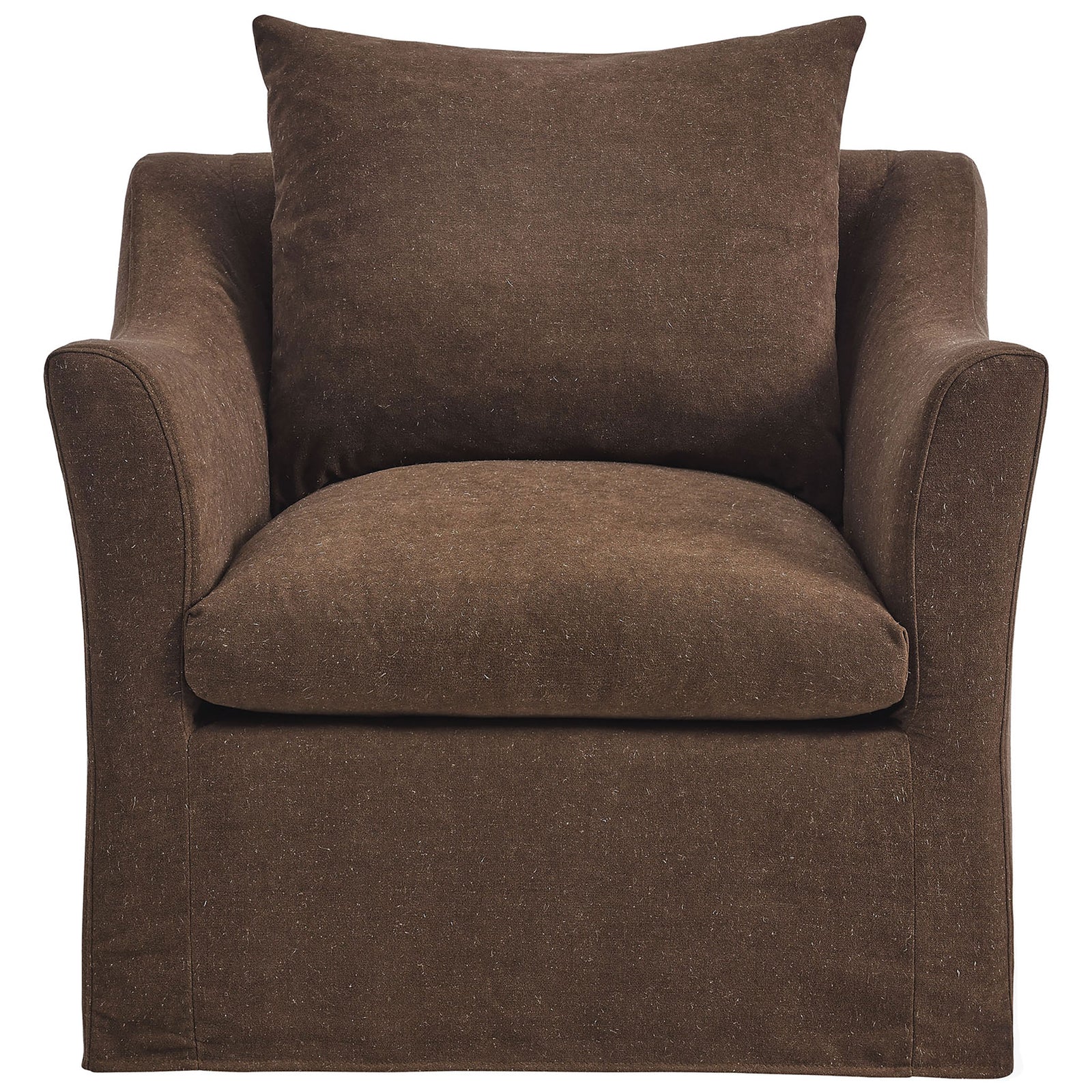 Cocoa linen-blend armchair with plush seat, loose back cushion, and softly sloped arms || EEI-7312-COA || front_studio