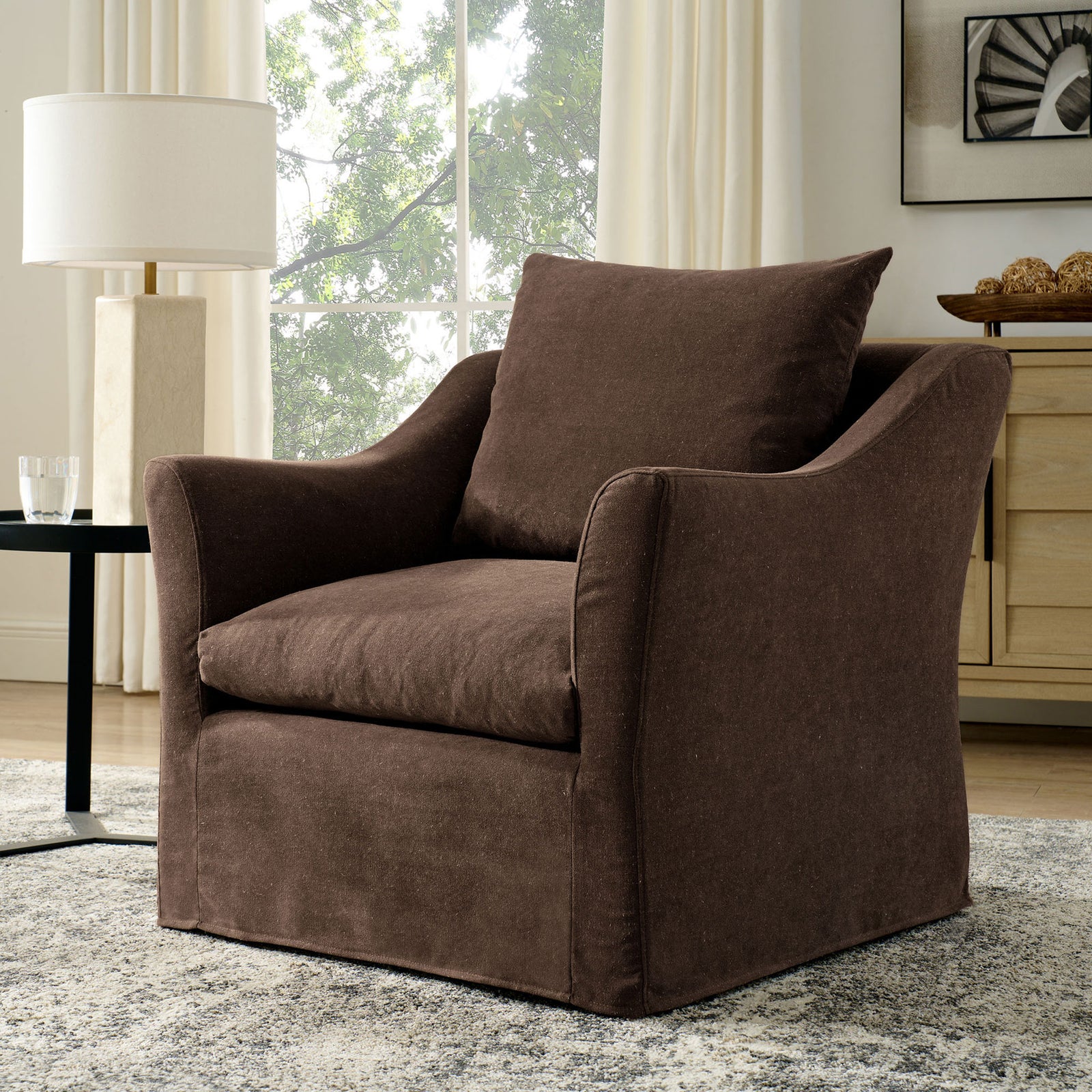 Inviting cocoa armchair adds cozy comfort with deep seat and supportive back cushion || EEI-7312-COA || front_angle_room
