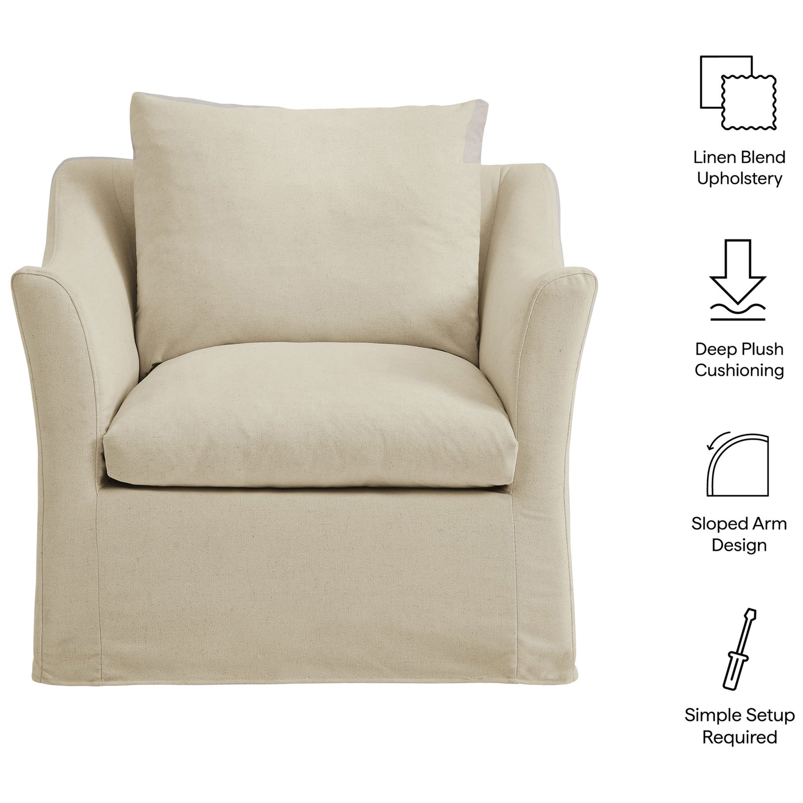 Key features highlight linen-blend upholstery, plush cushioning, and sloped arms || EEI-7312-LIN || callout_studio