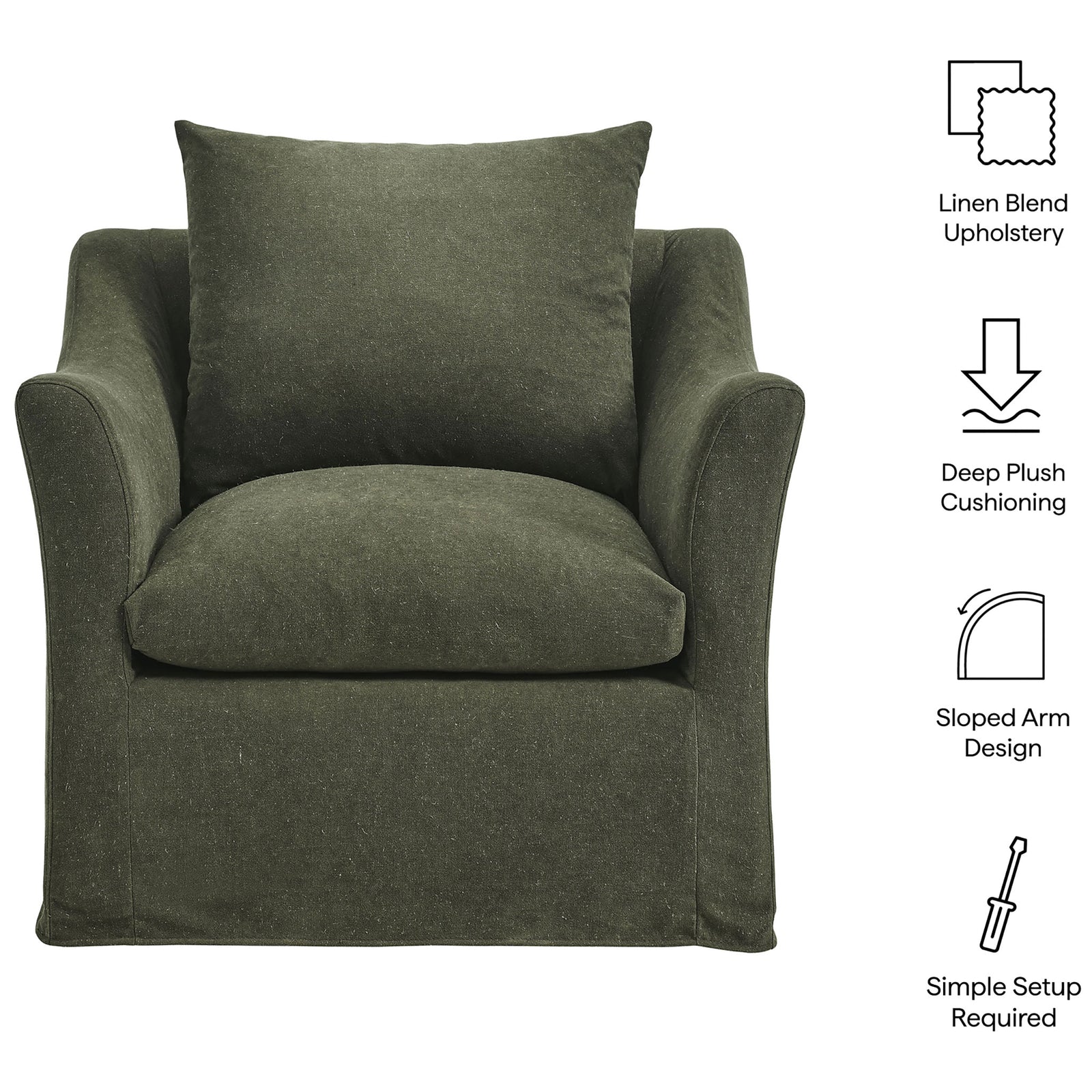 Key features include linen-blend upholstery, plush cushioning, sloped arms, and simple setup || EEI-7312-SGE || callout_studio
