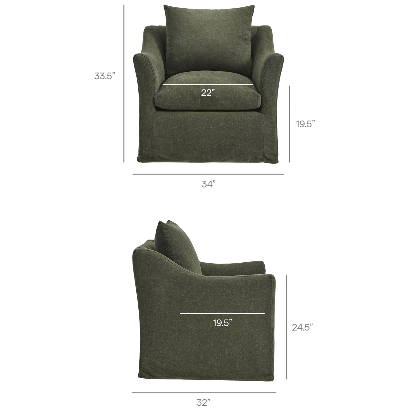 Detailed dimensions for seat, arm, and overall size to help plan the perfect fit || EEI-7312-SGE || dimension_studio