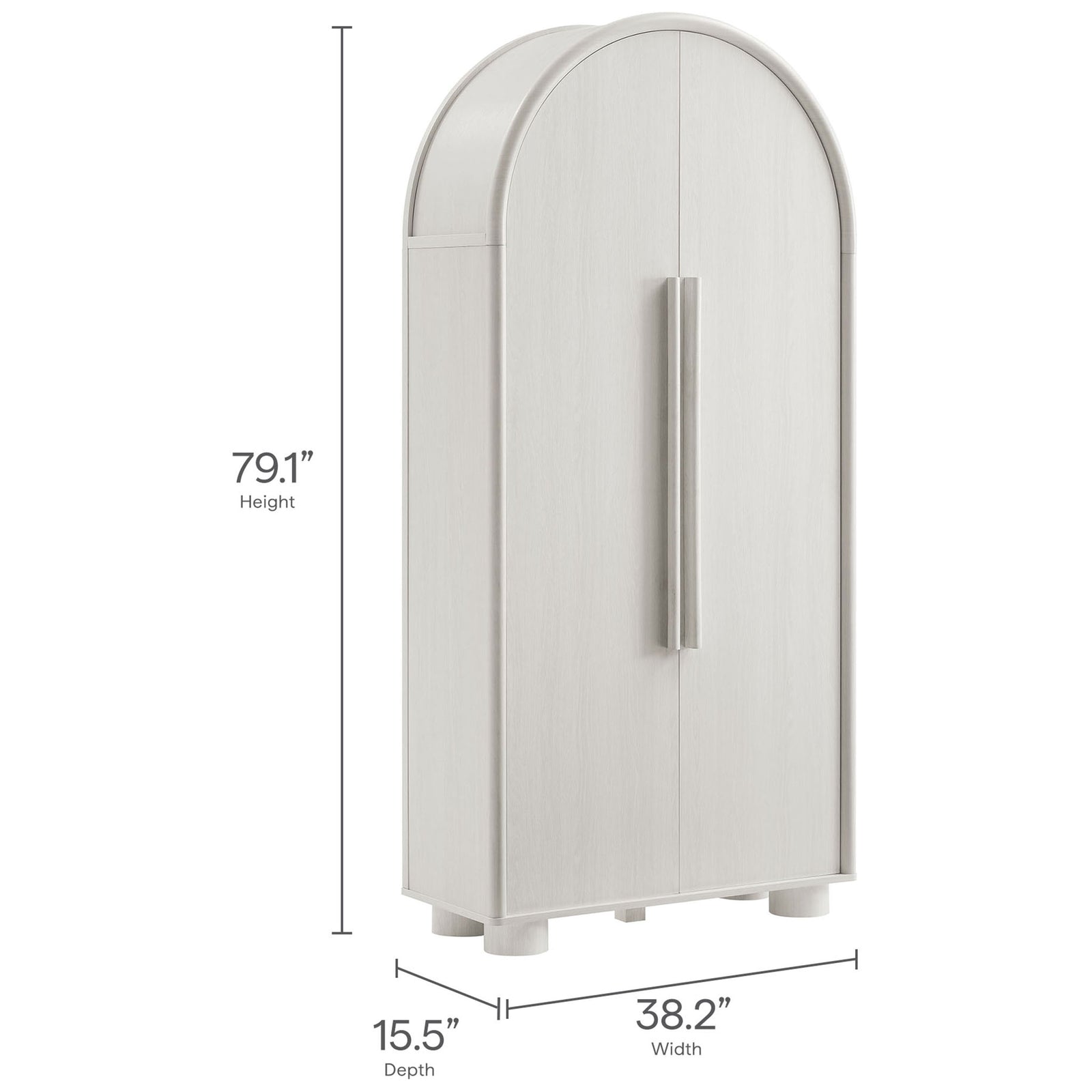 Bellamy ash arched storage cabinet shown with height, width, and depth dimensions labeled || EEI-7313-ASH || dimension_studio