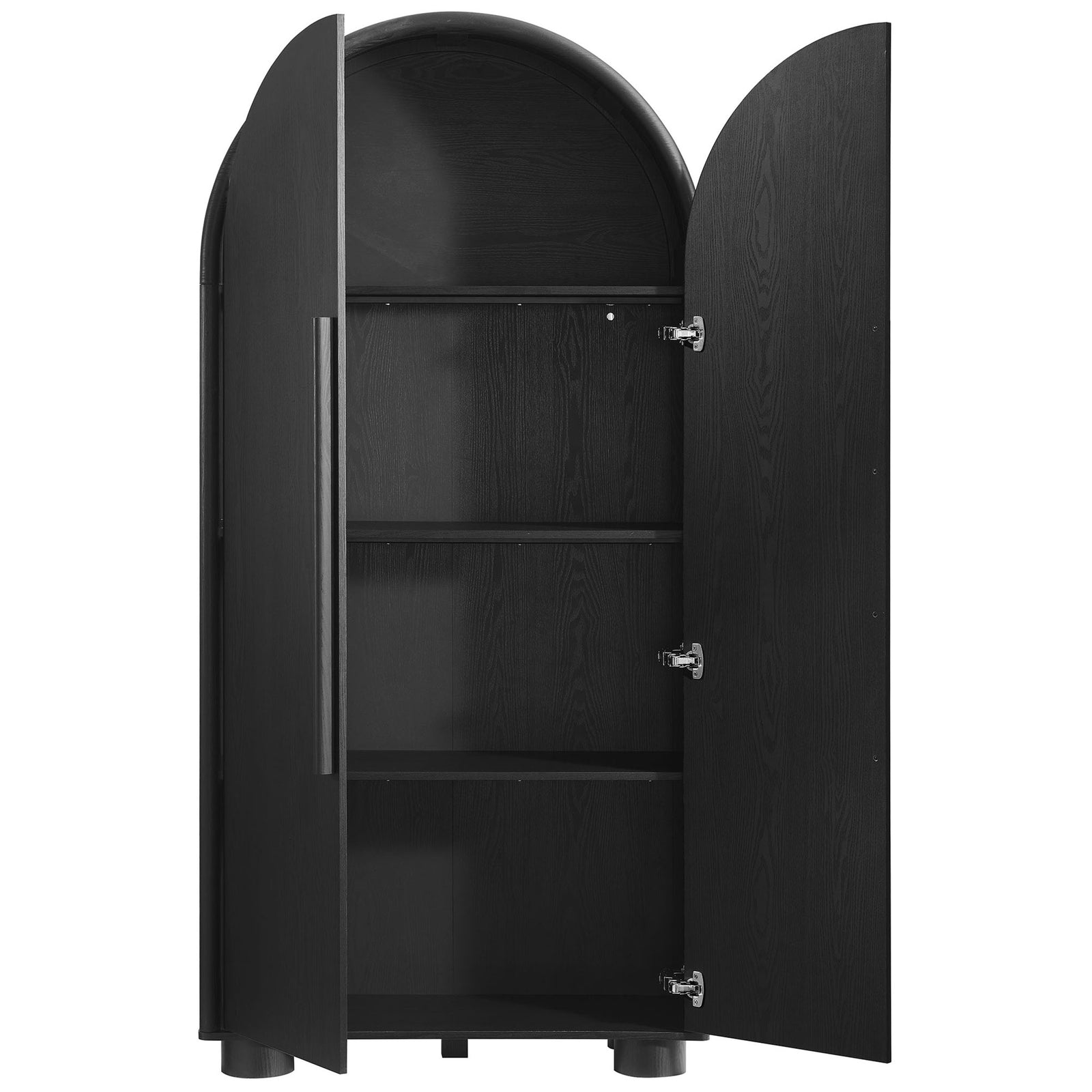 Bellamy black arched cabinet with doors open to reveal adjustable interior shelving || EEI-7313-BLK || front_open_studio