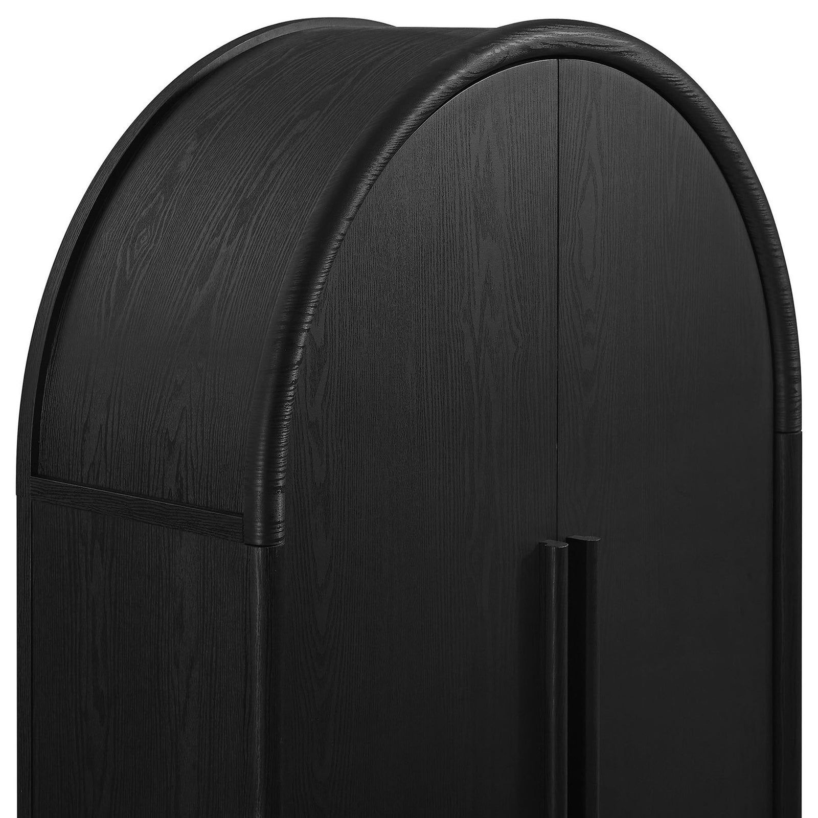 Close-up of Bellamy black cabinet arch and tall door handles with rich wood grain texture || EEI-7313-BLK || handle_studio