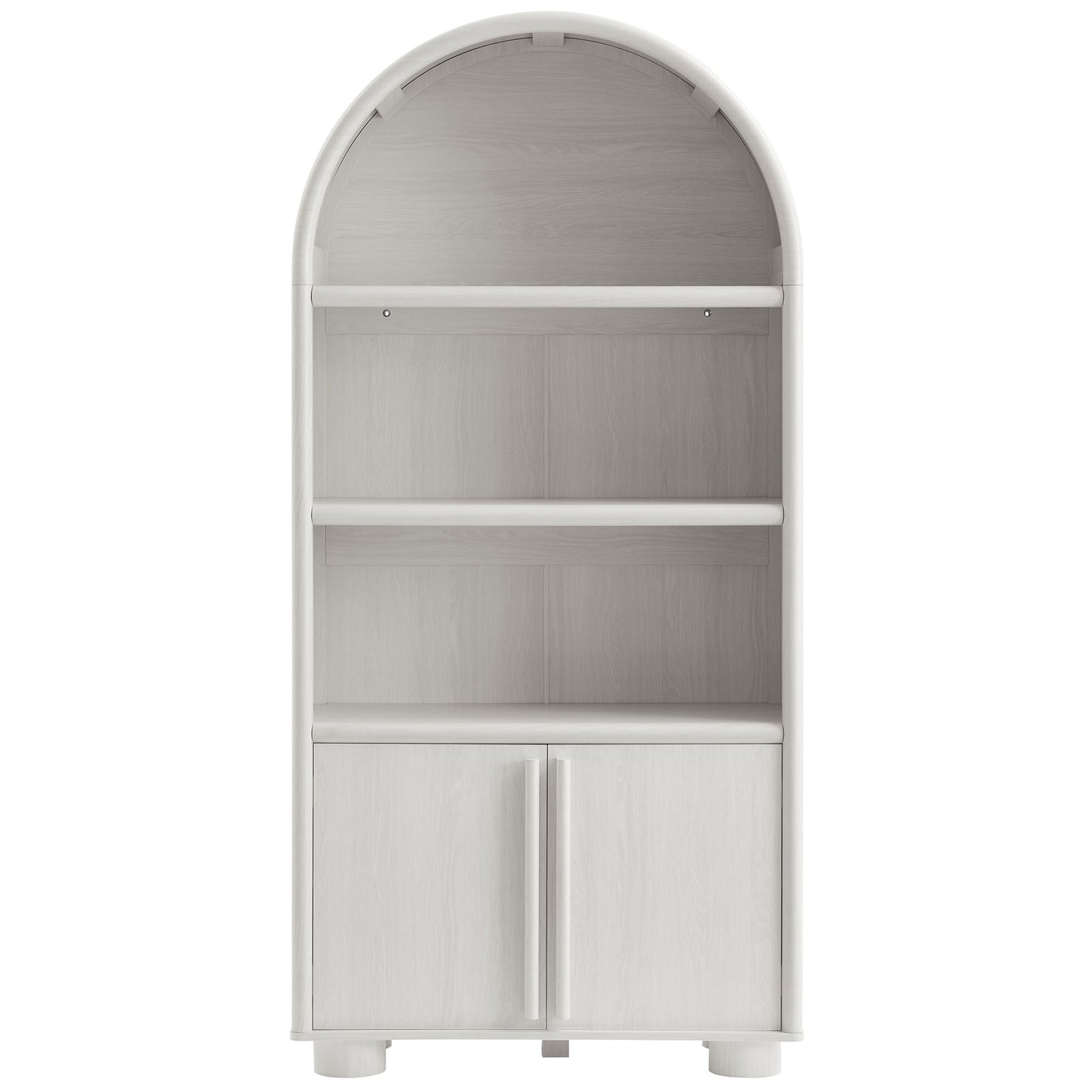 Arched ash bookcase with two open shelves, a two-door cabinet, and rounded feet || EEI-7314-ASH || front_studio