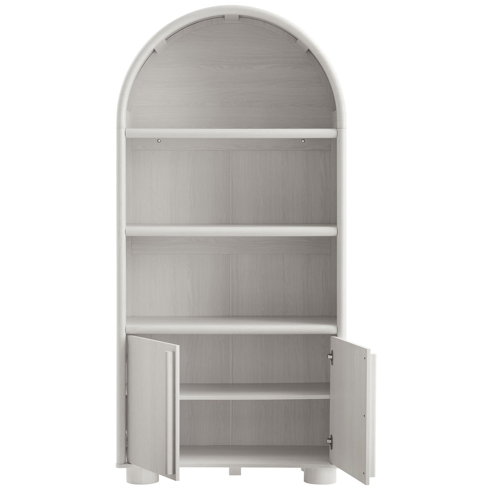 Cabinet doors open to reveal an adjustable shelf under the open display shelves || EEI-7314-ASH || front_open_studio