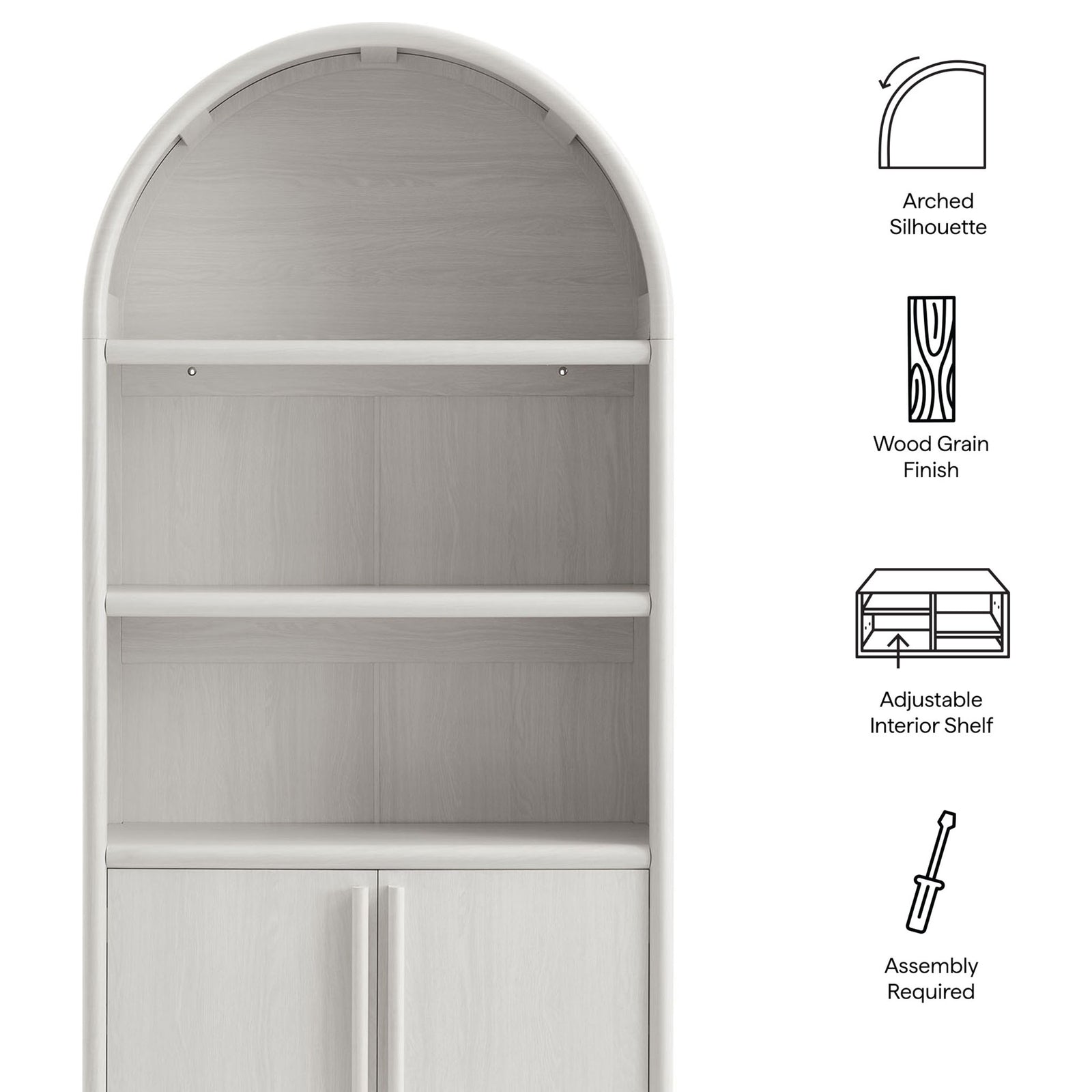 Key features highlighted: arched silhouette, wood grain finish, adjustable shelf, and assembly || EEI-7314-ASH || callout_studio