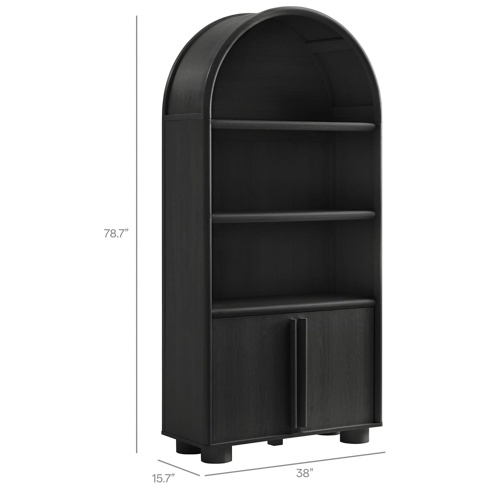Measurements for the tall arched display cabinet bookcase in black oak || EEI-7314-BLK || dimension_studio