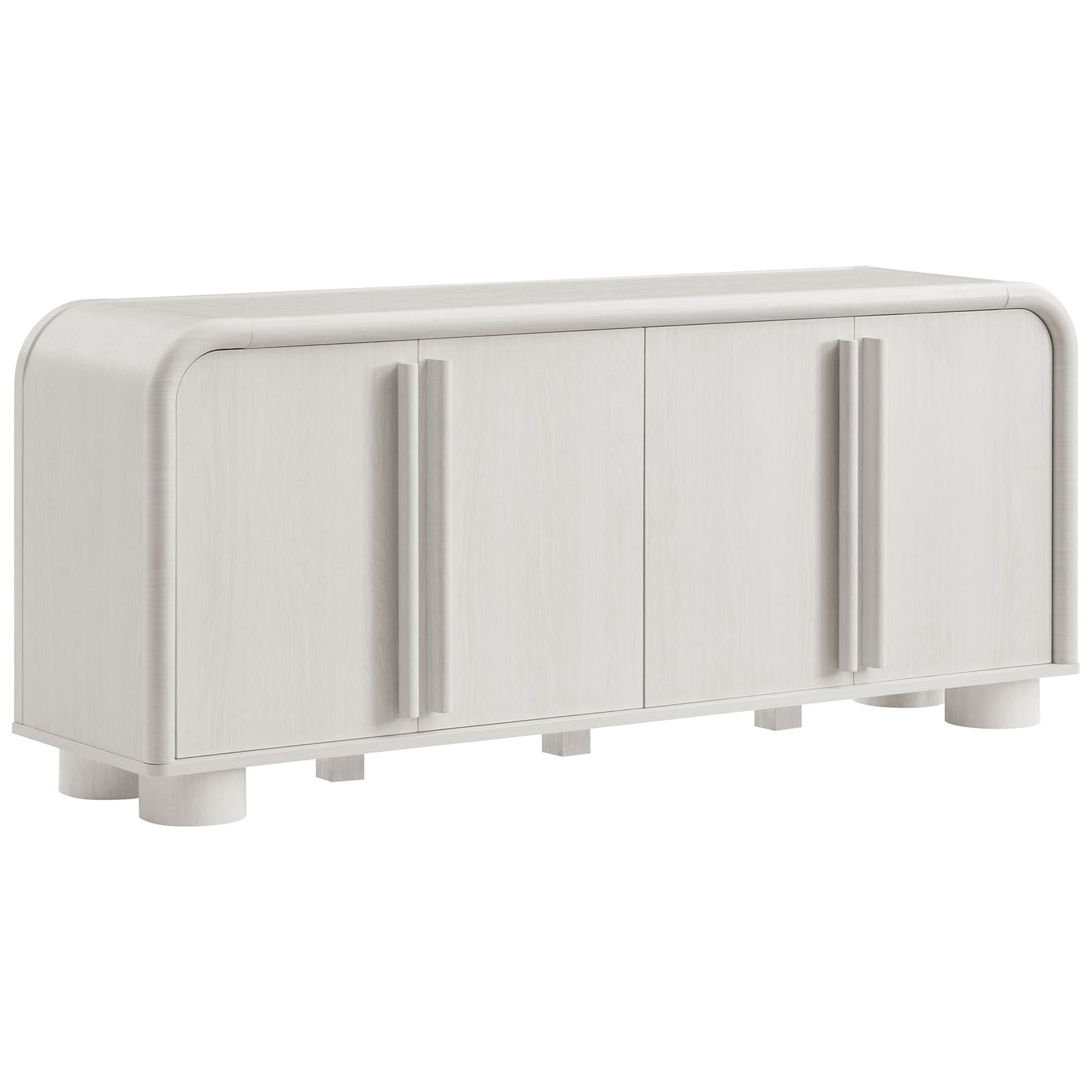 Modern ash finish sideboard featuring curved edges, oversized vertical door handles, and chunky round legs || EEI-7315-ASH || front_angle_studio