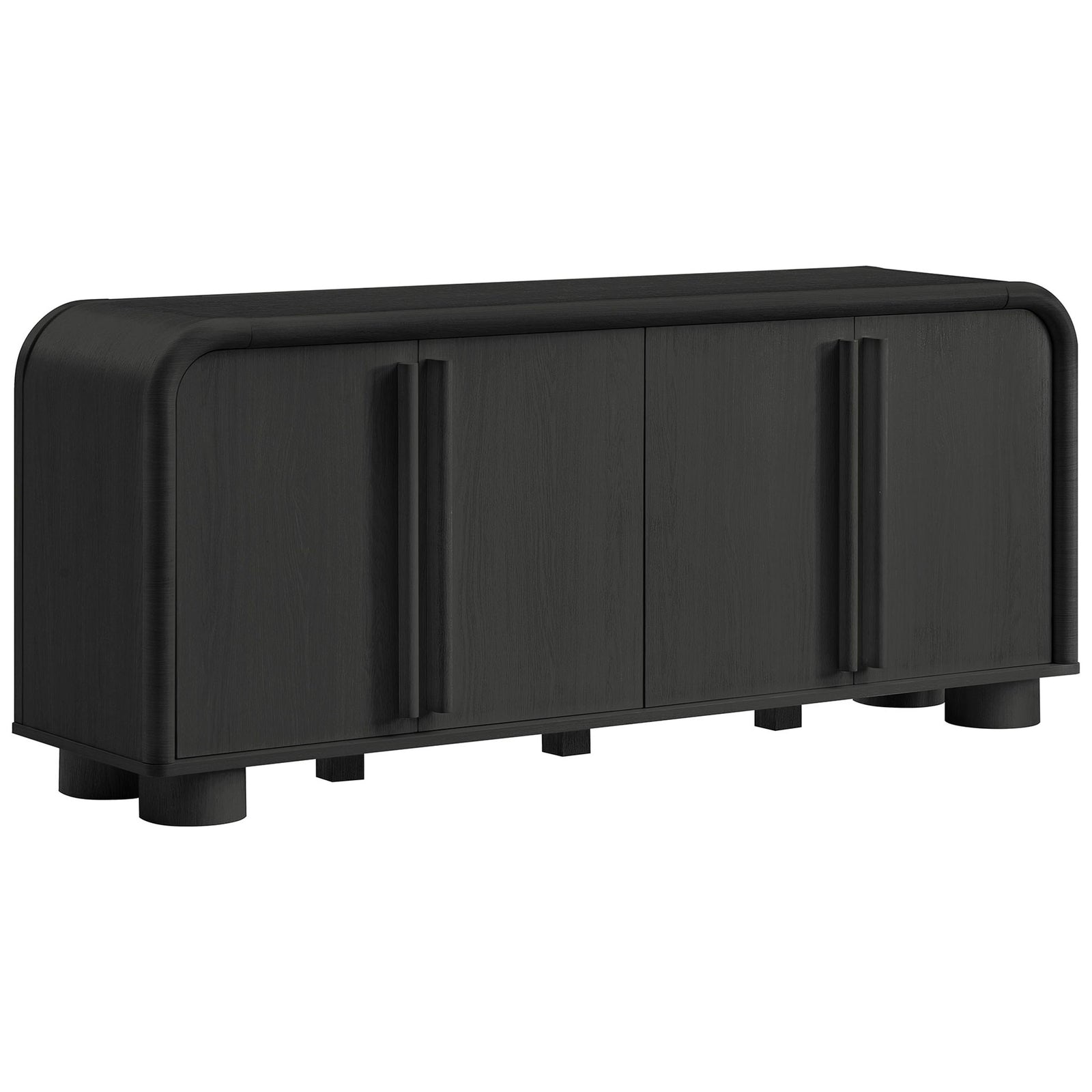 Modern curved black oak sideboard with rounded corners, elongated pulls, and cylindrical pedestal feet || EEI-7315-BLK || front_angle_studio
