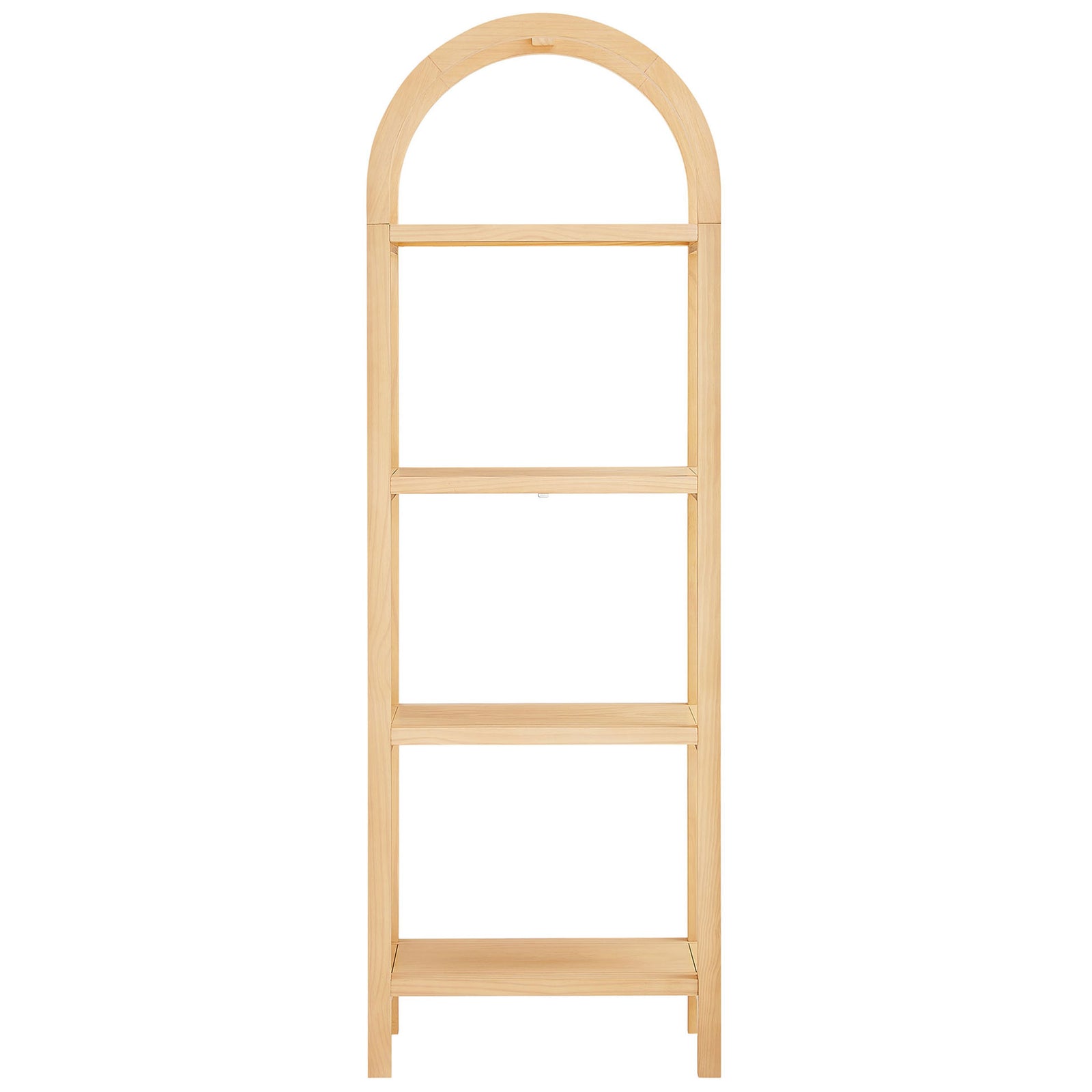 Slim arched bookshelf in natural wood with four open shelves and airy curved frame || EEI-7316-NAT || front_studio