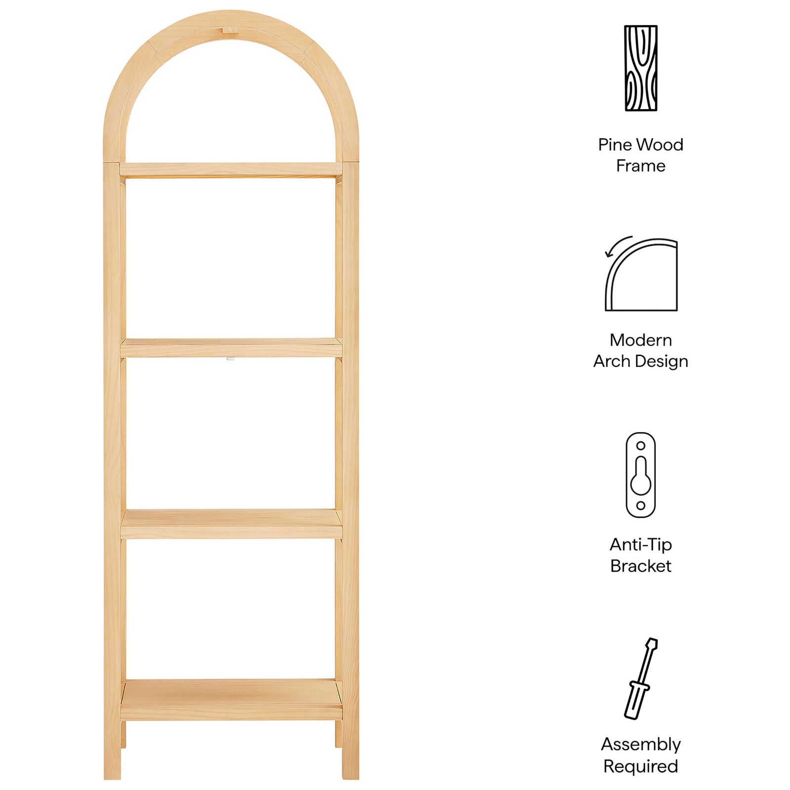 Key features include pine wood frame, modern arch design, anti-tip bracket, and easy assembly || EEI-7316-NAT || callout_studio