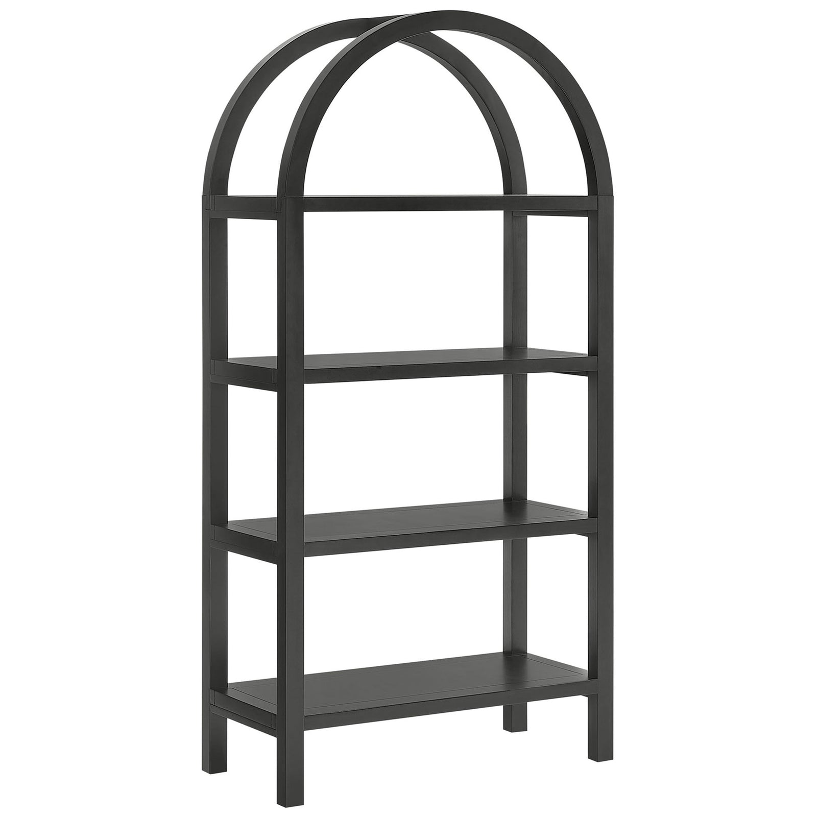 Sculptural arched black bookcase with four spacious shelves and sturdy pine wood frame || EEI-7317-BLK || front_angle_studio