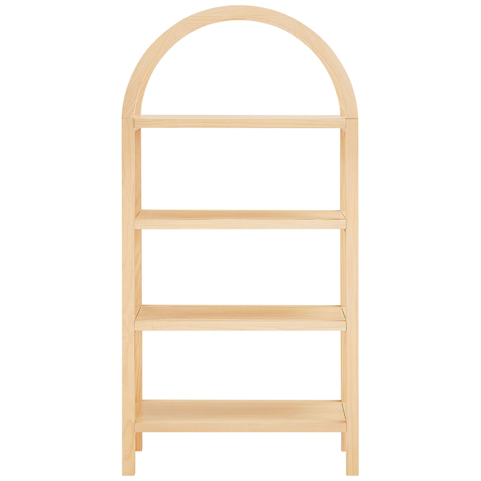 Sculptural 60 inch arched bookshelf in natural pine with four open shelves for artful display || EEI-7317-NAT || front_studio
