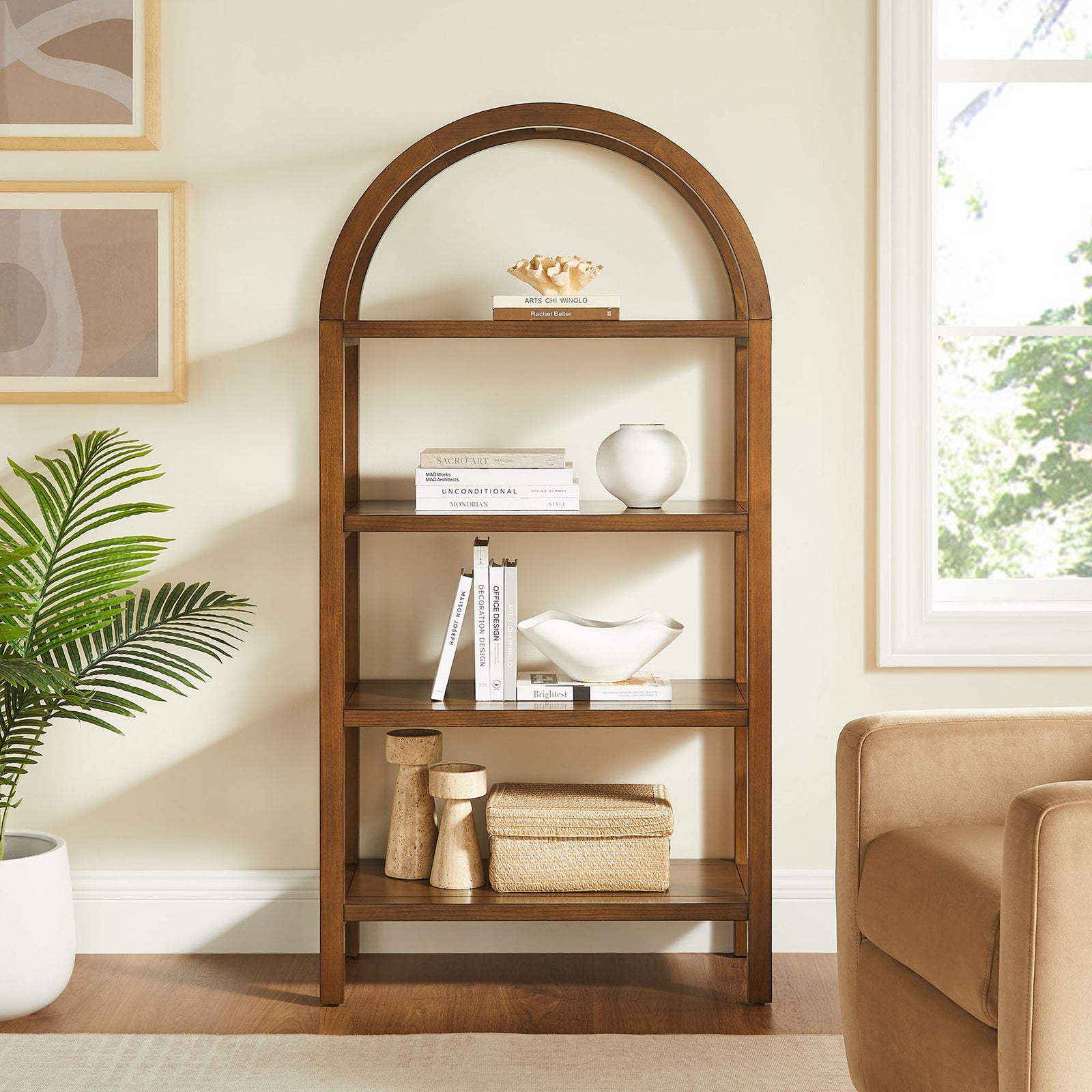 Statement arched bookcase adds sculptural warmth and airy display space to your living area || EEI-7317-WAL || front_room