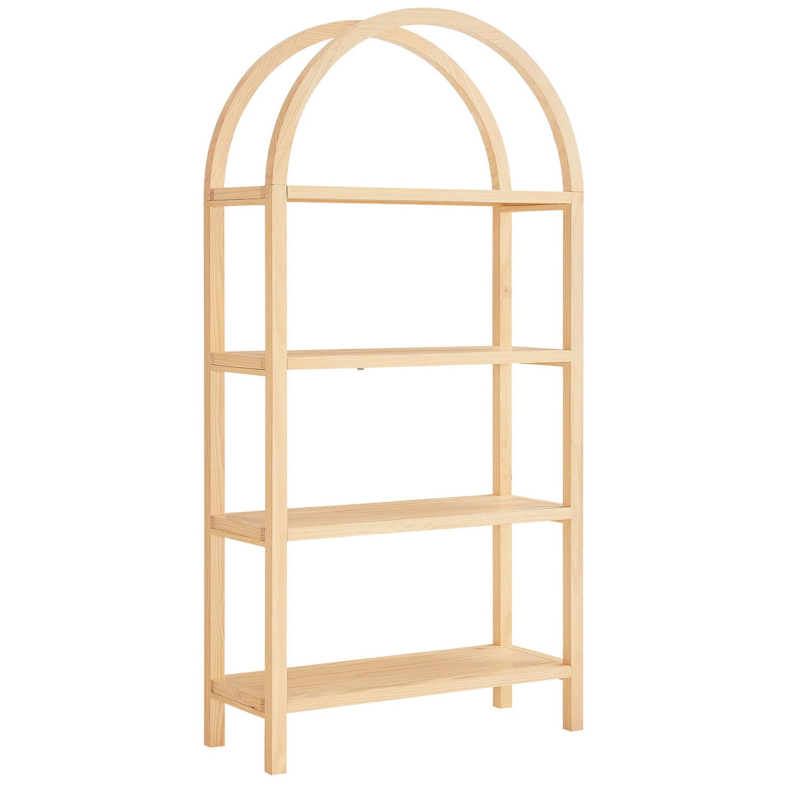 Graceful wide arch and open shelving craft an artful, modern display piece || EEI-7318-NAT || front_angle_studio