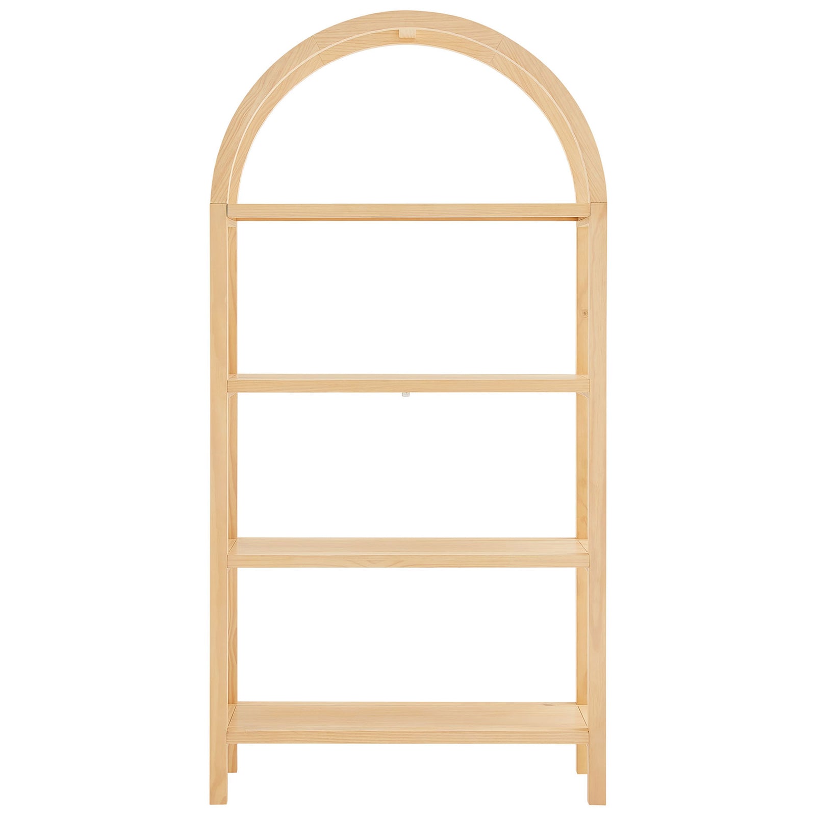 Wide arched bookshelf in natural wood with four spacious open shelves || EEI-7318-NAT || front_studio