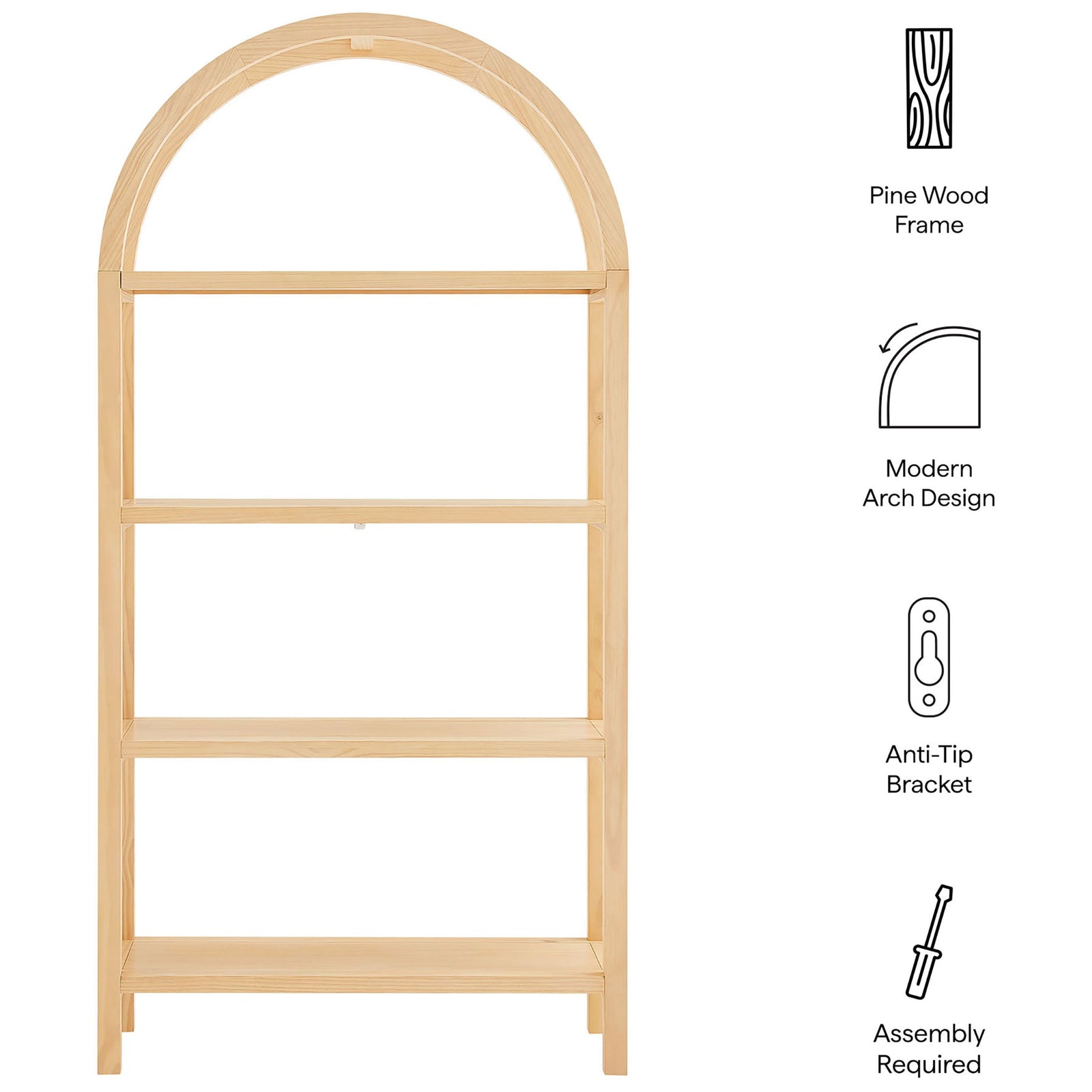 Highlights include pine wood frame, modern arch, anti-tip bracket, and simple assembly || EEI-7318-NAT || callout_studio