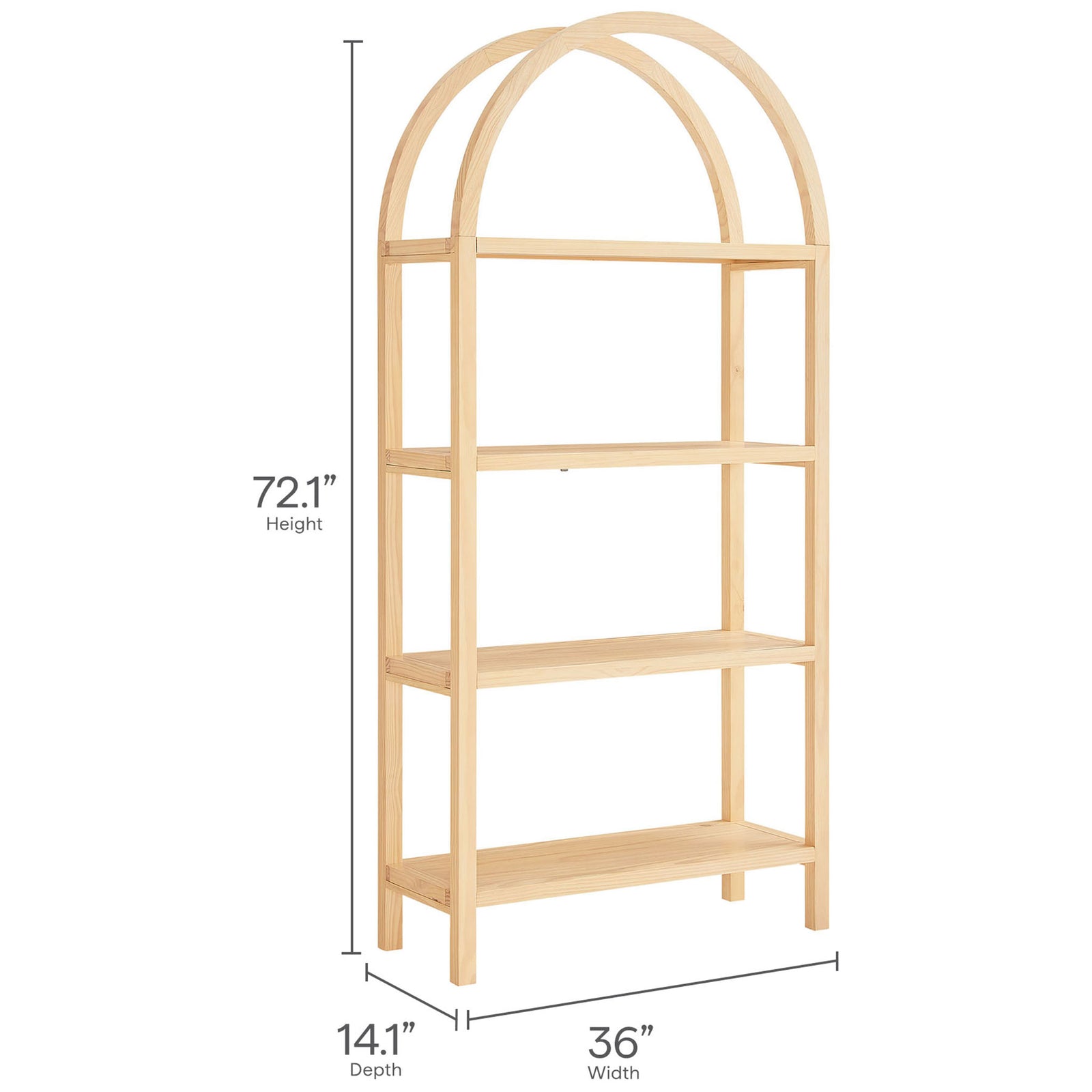 72 inch tall large arched bookshelf with width and depth measurements shown || EEI-7318-NAT || dimension_studio