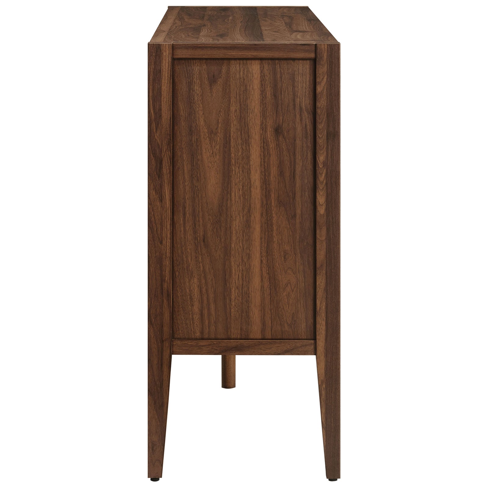 Walnut sideboard profile shows clean lines and slender legs for a light mid-century look || EEI-7319-WAL-ASH || side_studio