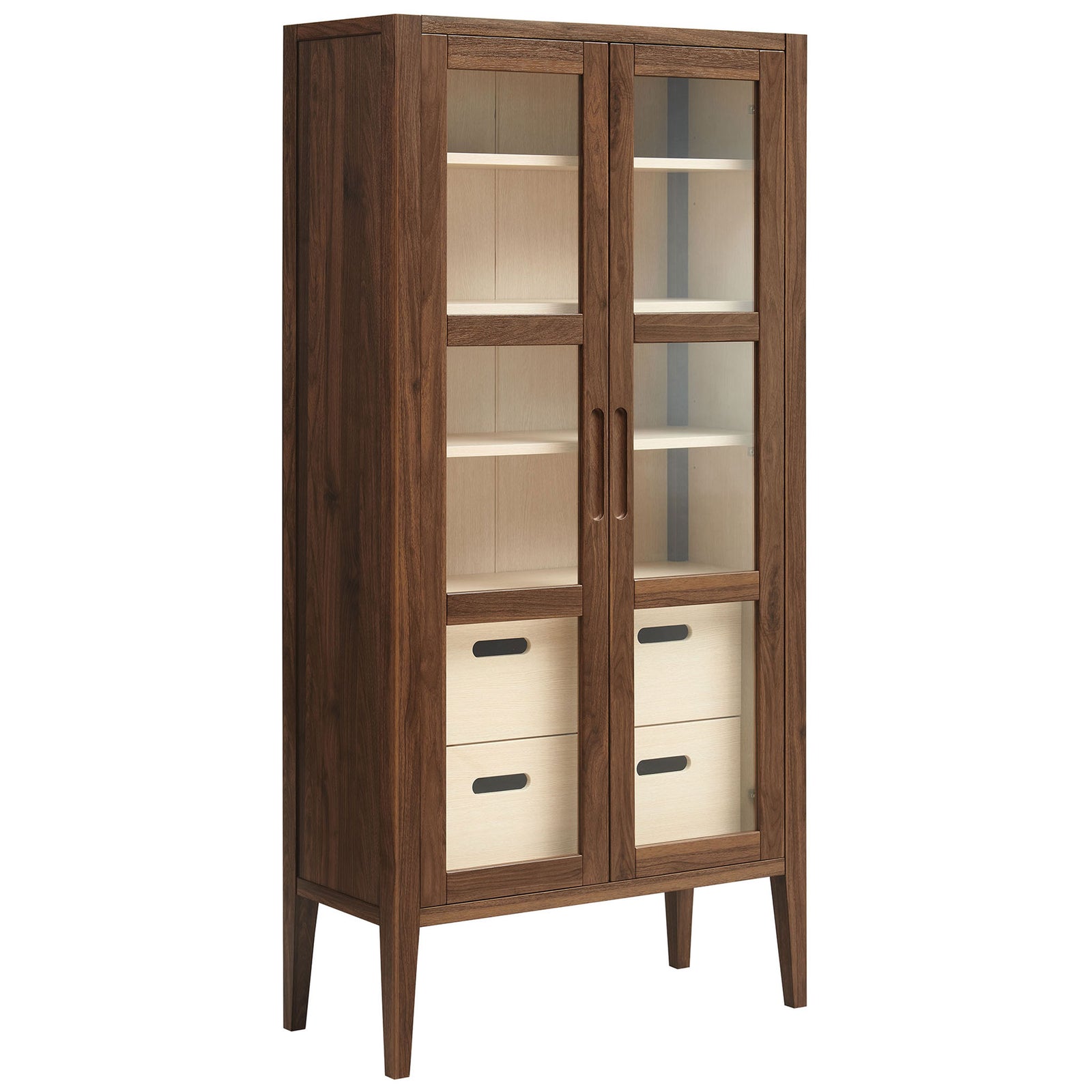 Mid-century walnut tall storage cabinet with framed glass doors, contrasting drawer fronts, and tapered legs || EEI-7320-WAL-ASH || front_angle_studio