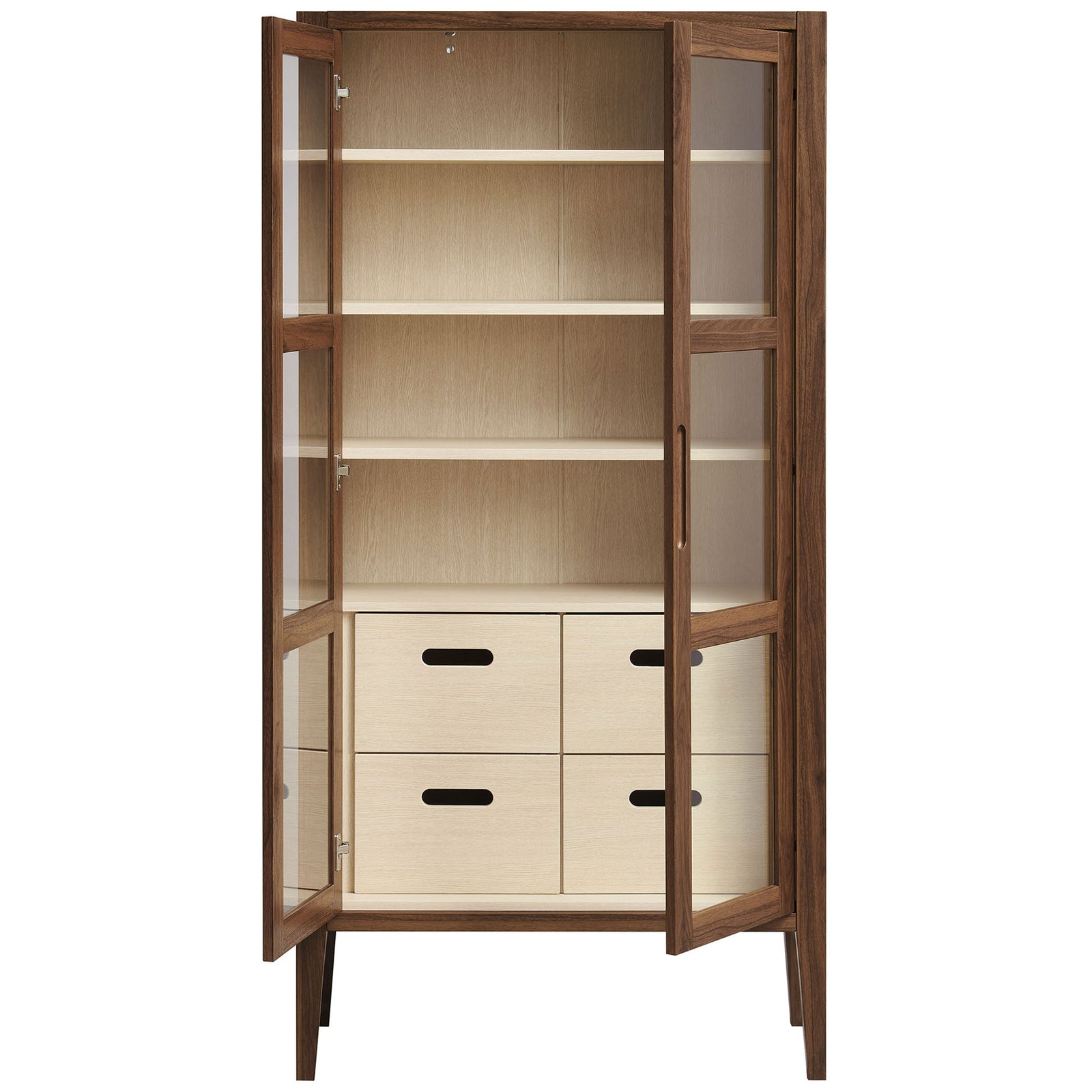 Nell cabinet with glass doors open to reveal adjustable shelves and generous storage space for dinnerware and decor || EEI-7320-WAL-ASH || front_open_studio