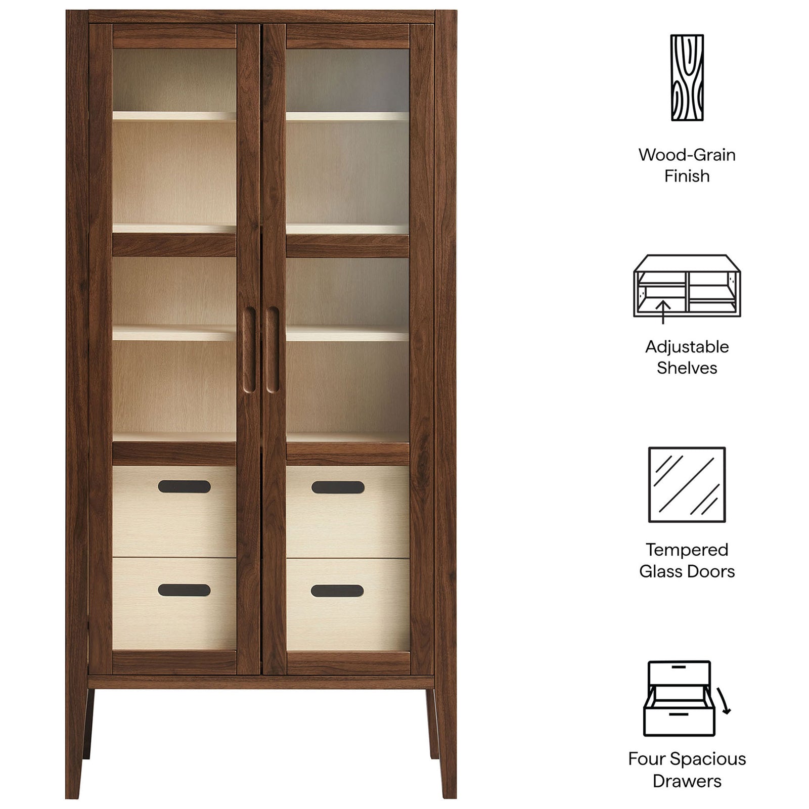 Key features of the Nell tall storage cabinet: wood-grain finish, adjustable shelves, glass doors, and four drawers || EEI-7320-WAL-ASH || callout_studio