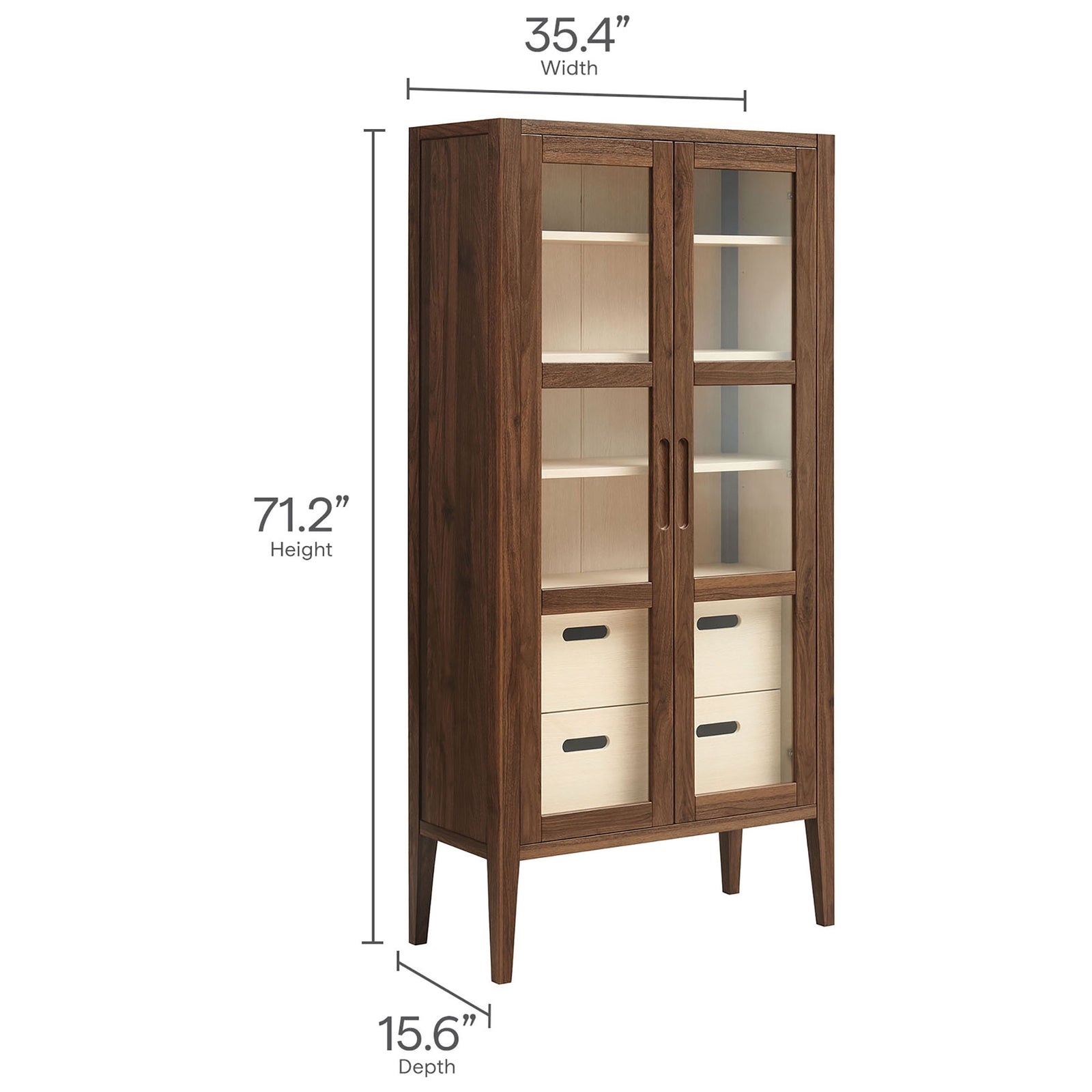 Dimensions of the Nell tall cabinet showing 35.4 inch width, 15.6 inch depth, and 71.2 inch height in walnut finish || EEI-7320-WAL-ASH || dimension_studio