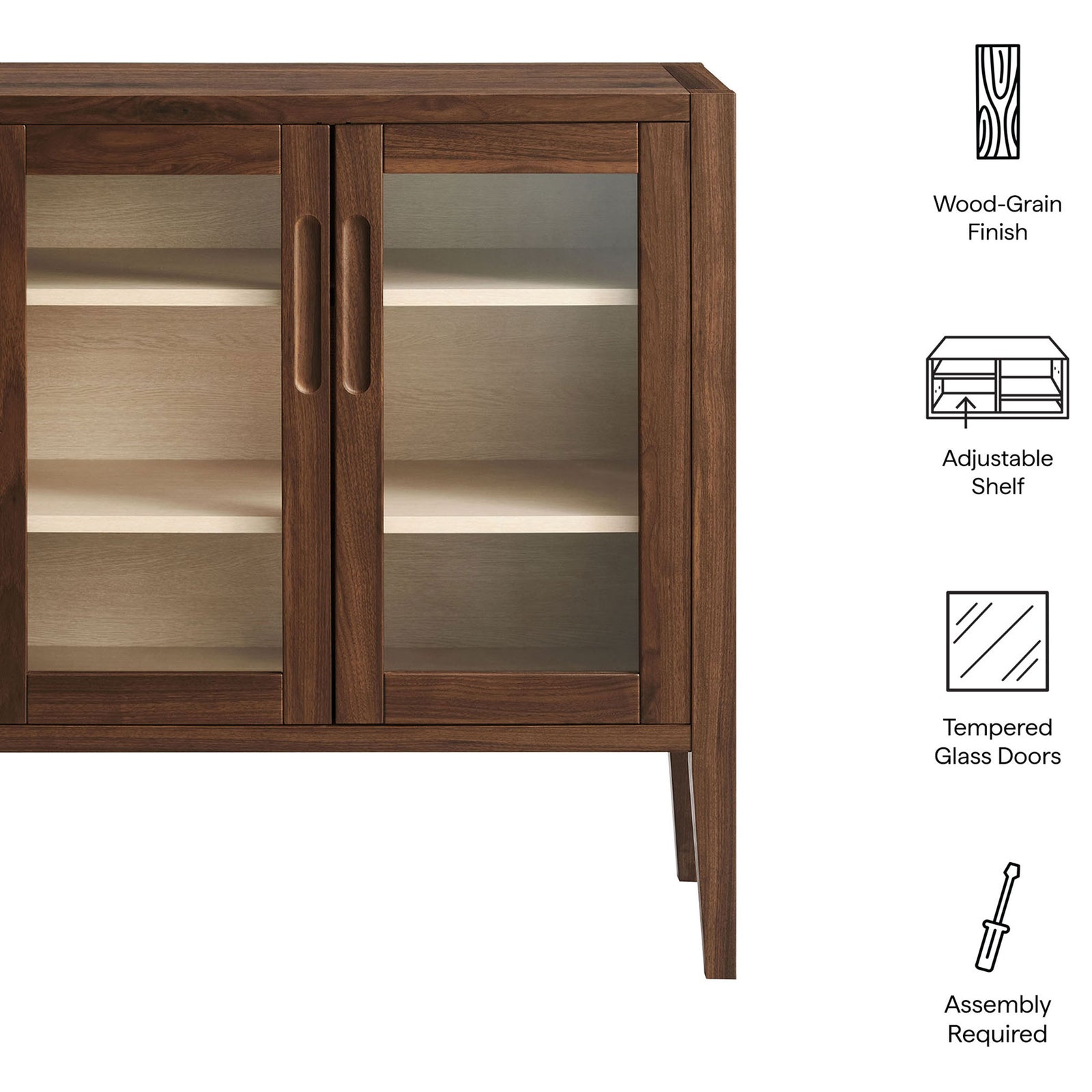 Key features of the Nell walnut accent cabinet including wood-grain finish, tempered glass doors, and adjustable shelf || EEI-7321-WAL-ASH || callout_studio