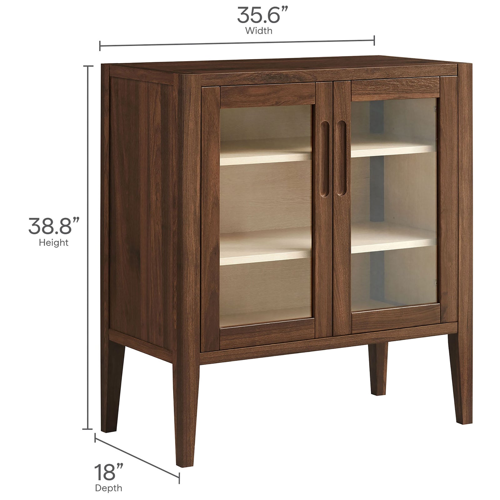 Dimensions of the Nell accent cabinet showing 35.6 inch width, 18 inch depth, and 38.8 inch height in walnut finish || EEI-7321-WAL-ASH || dimension_studio