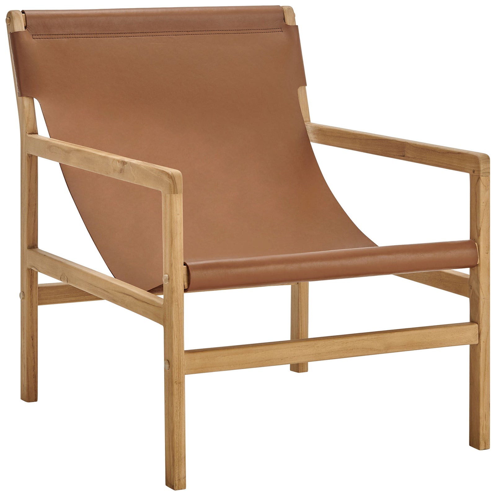 Relaxed sling seat in chestnut leather pairs with a clean, light teak wood silhouette || EEI-7324-CSN || front_angle_studio