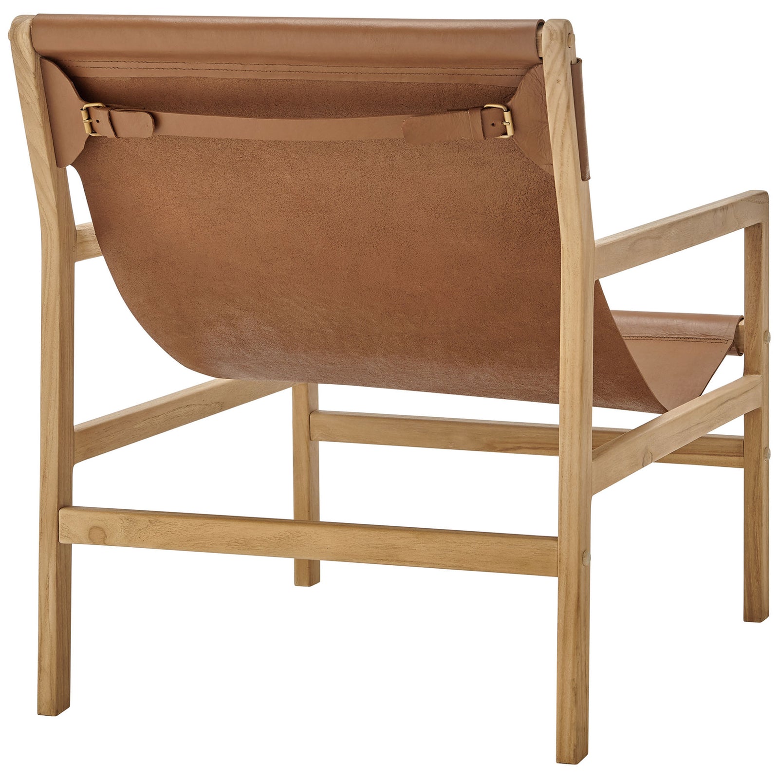 Rear leather straps with metal buckles secure the sling over the solid teak frame || EEI-7324-CSN || back_angle_studio