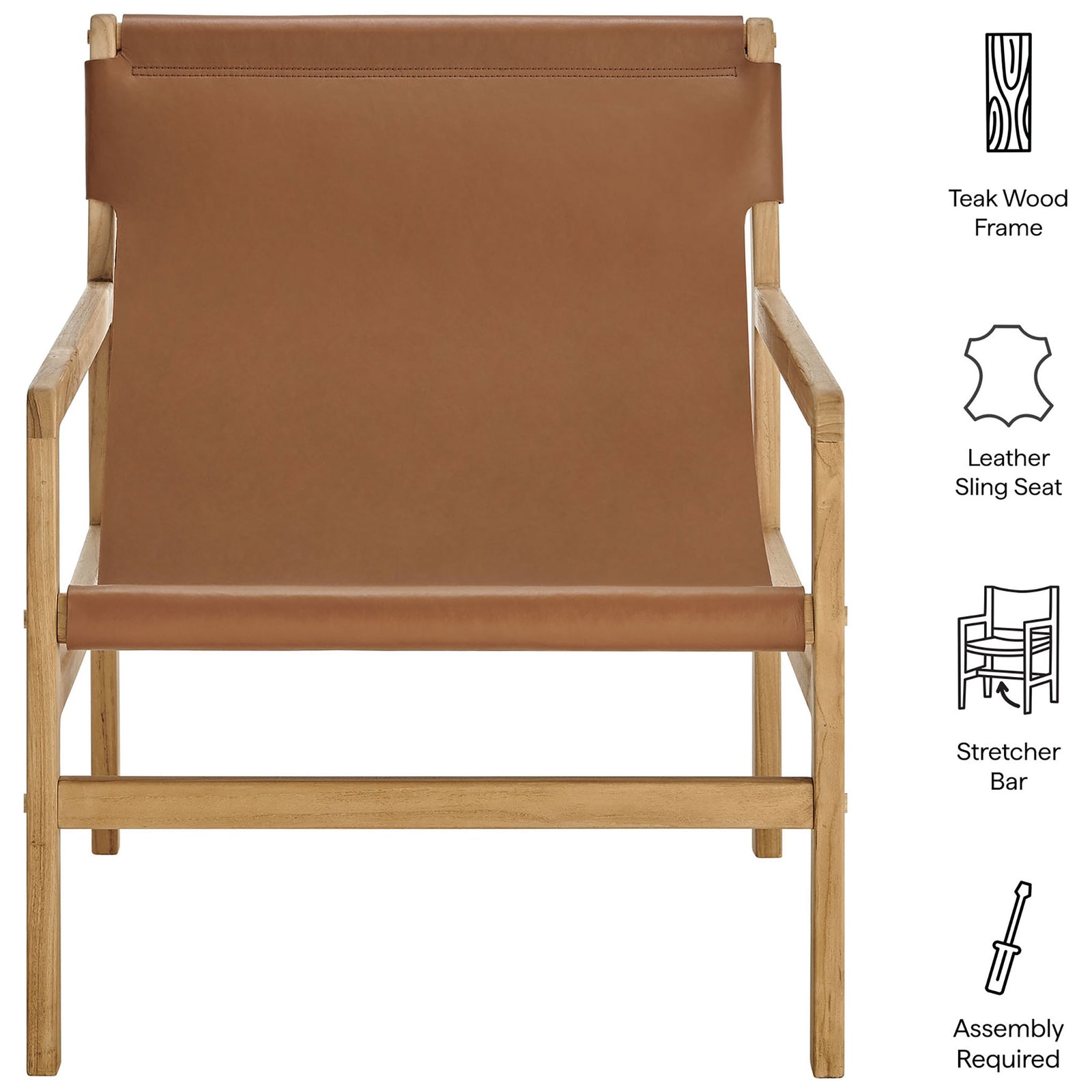 Key features include a teak wood frame, leather sling seat, and supportive stretcher bar || EEI-7324-CSN || callout_studio