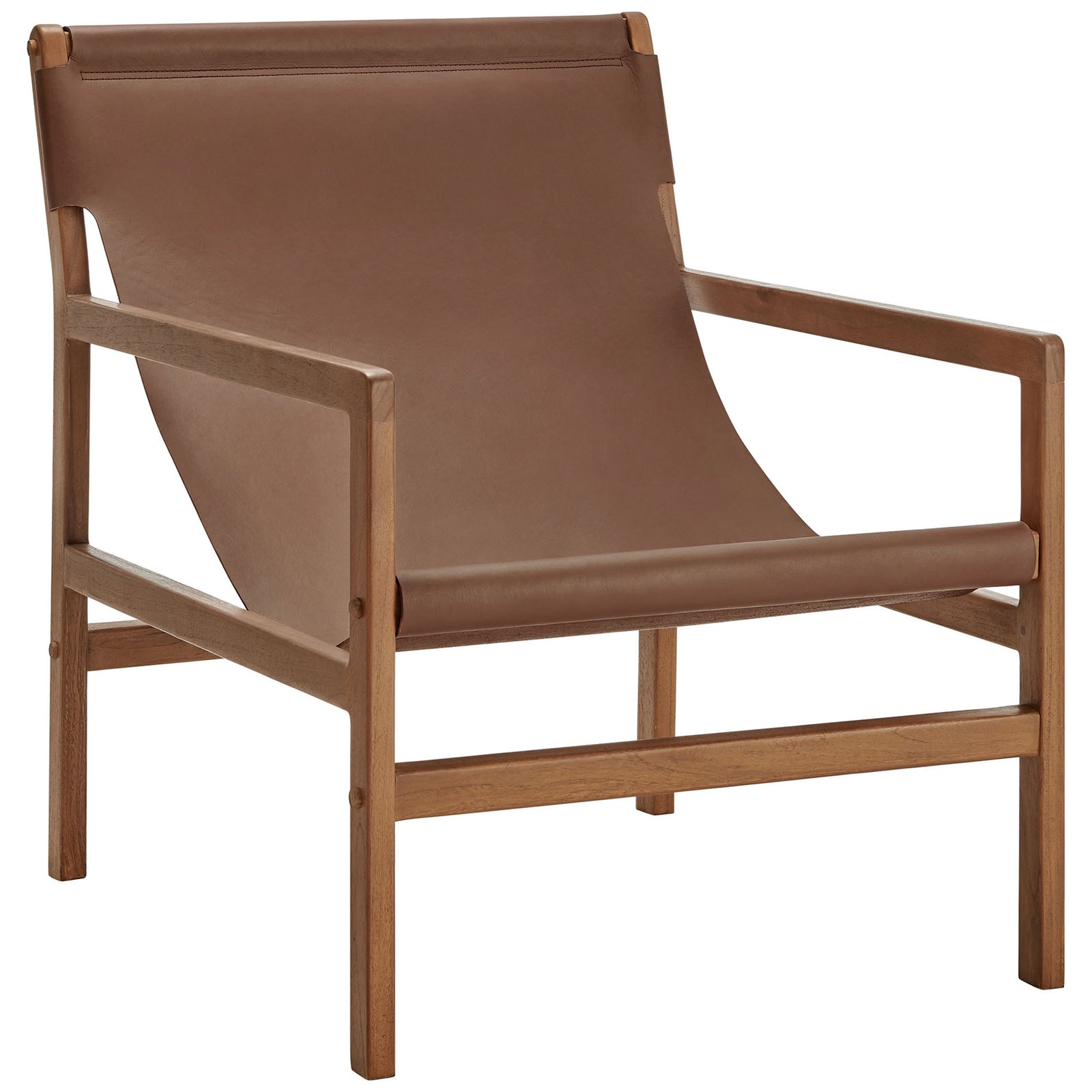 Teak frame and nutmeg leather sling seat bring sculptural comfort to any room || EEI-7324-NUT || front_angle_studio