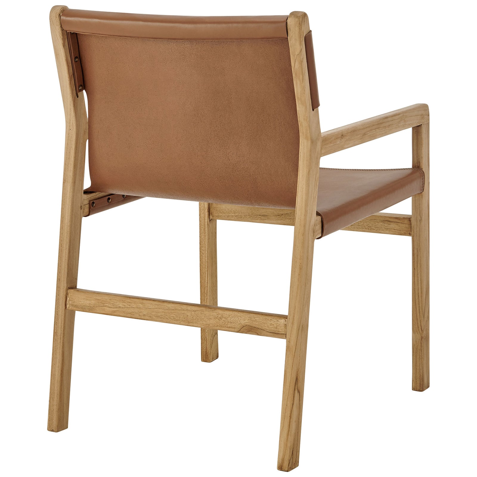 Chestnut leather dining chair with smooth backrest and sturdy teak stretcher bar support || EEI-7325-CSN || back_angle_studio