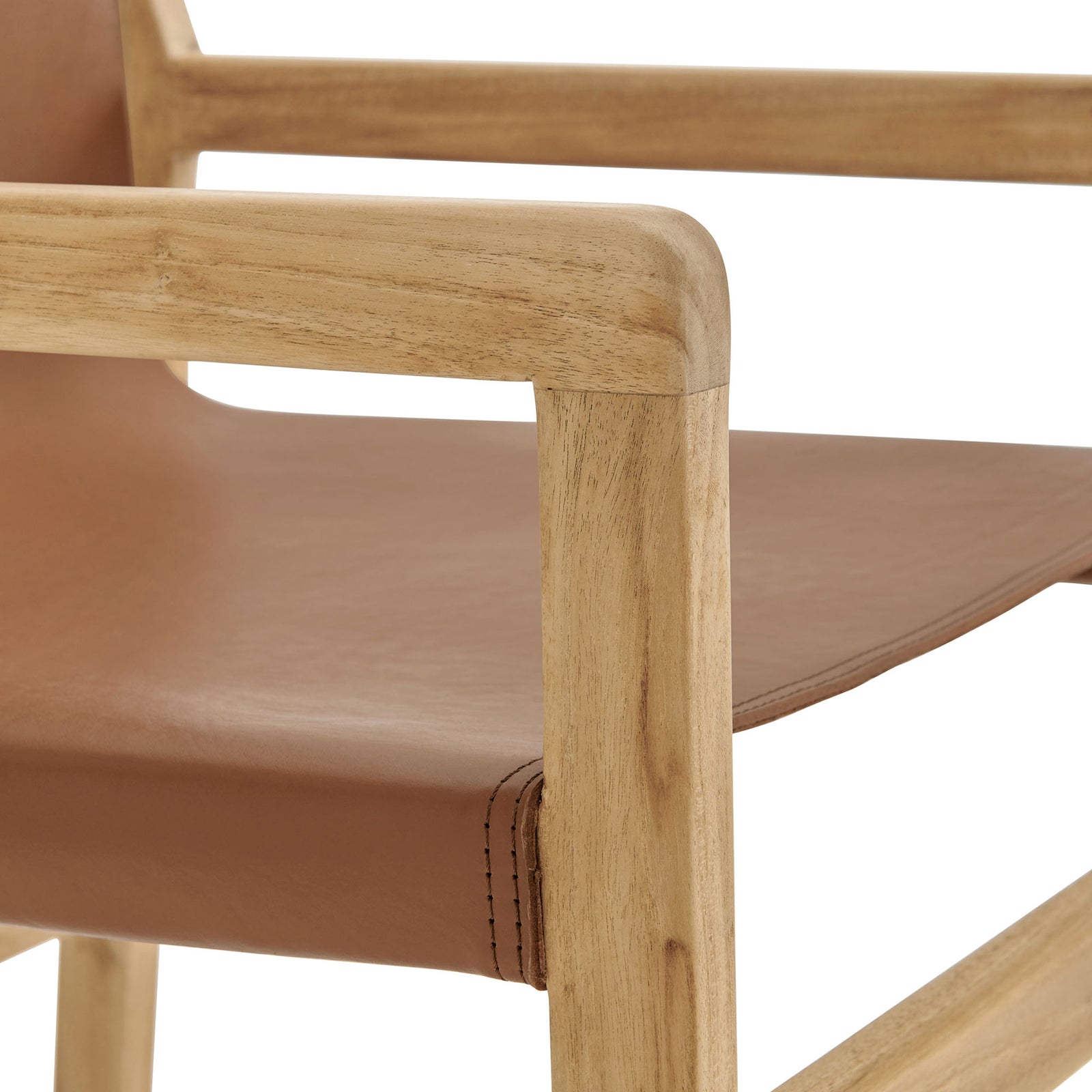 Rounded teak arm and neatly tailored leather seat create a refined, modern dining chair || EEI-7325-CSN || detail_studio