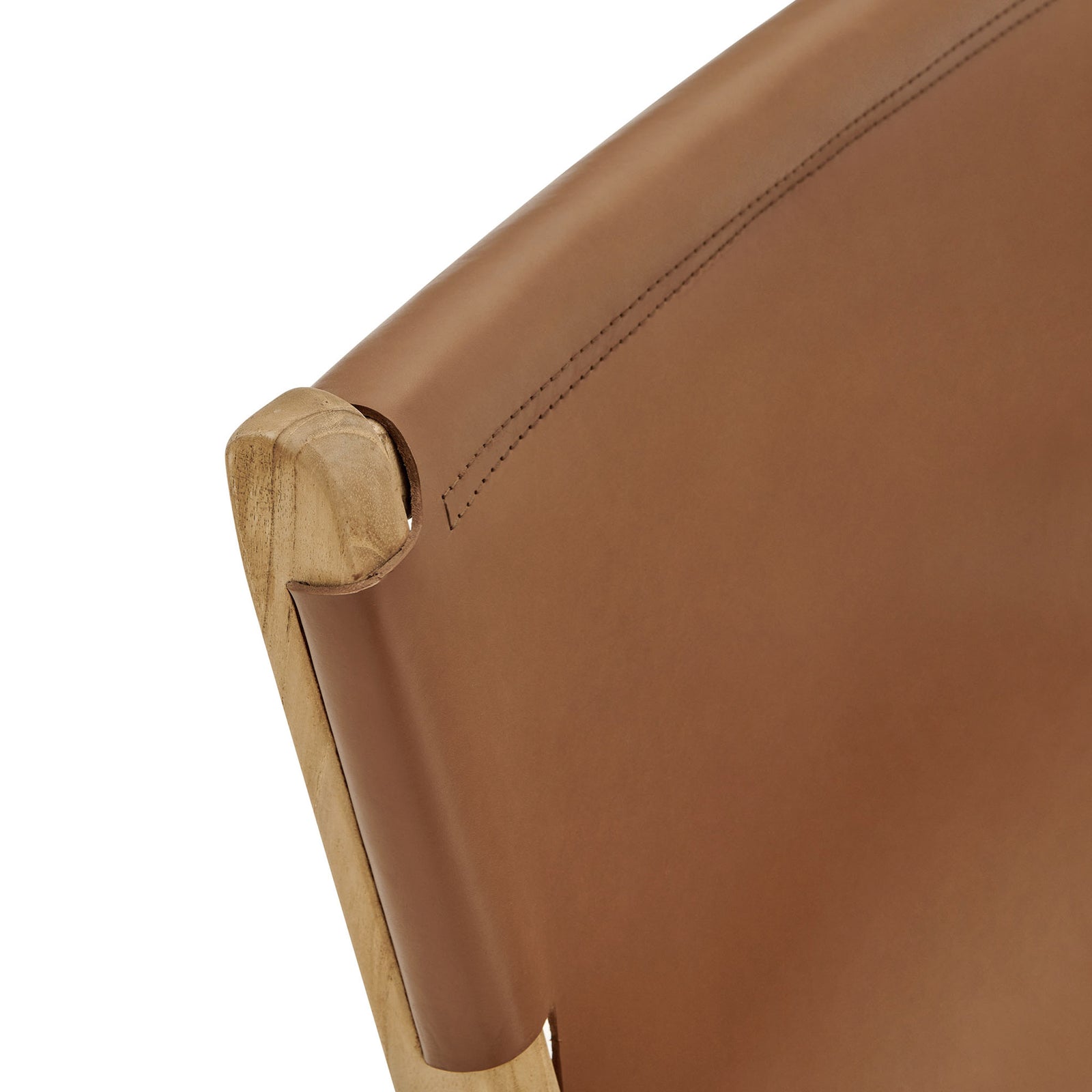 Sling leather backrest with fine stitching and wrapped teak wood frame edges for added texture || EEI-7325-CSN || detail_studio