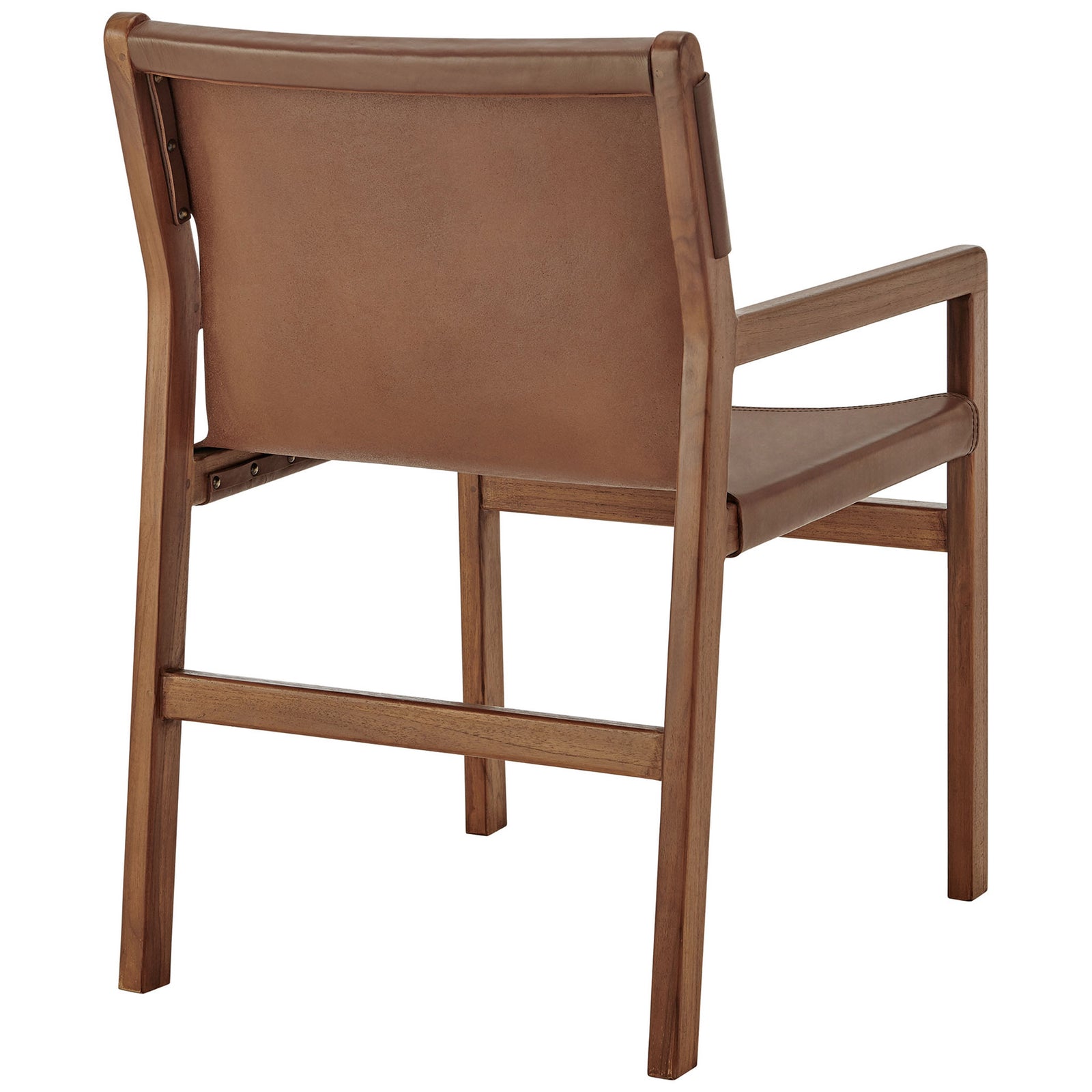 Back of Sonora leather dining chair with smooth sling backrest and sturdy teak stretcher bar. || EEI-7325-NUT || back_angle_studio