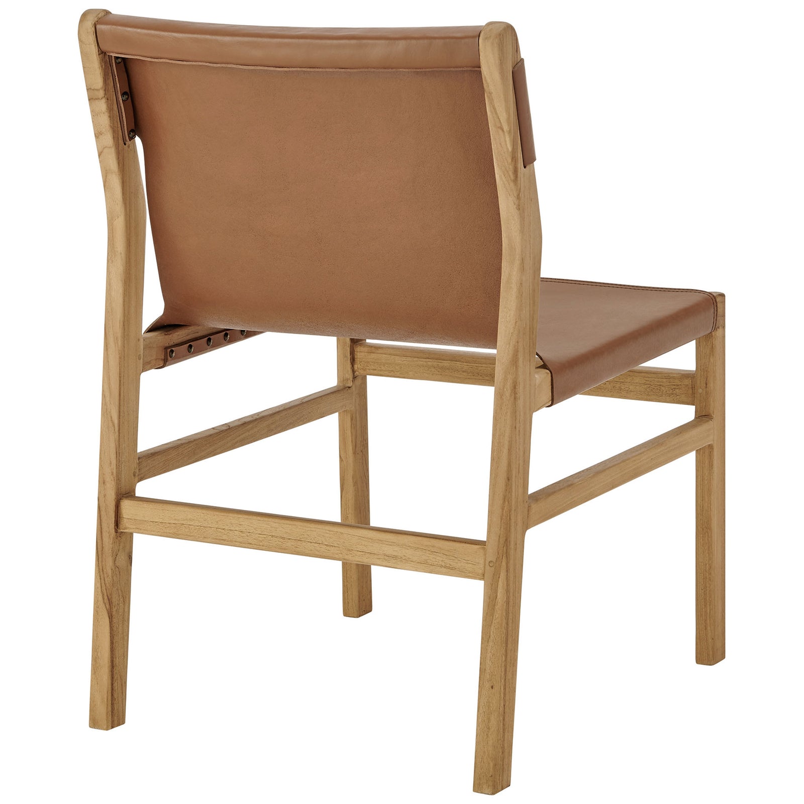 Chestnut leather dining chair with wraparound backrest and warm teak wood grain || EEI-7326-CSN || back_angle_studio