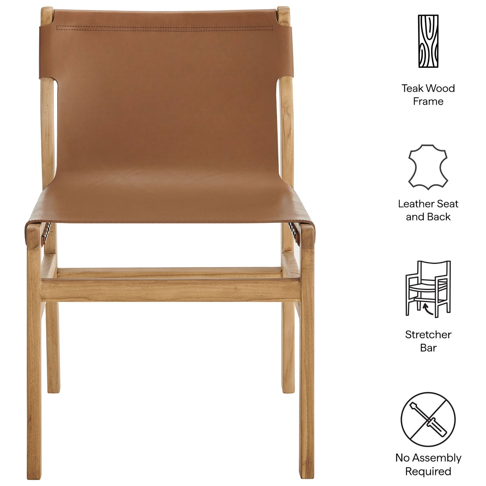 Feature graphic highlighting teak frame, leather seat and back, stretcher bar, and no-assembly convenience || EEI-7326-CSN || callout_studio