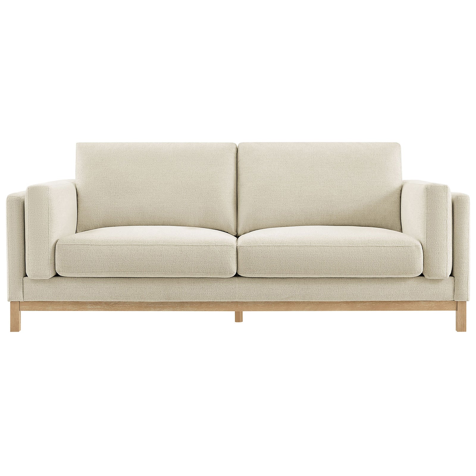 Modern ivory chenille sofa with plush deep seats and streamlined track arms on a warm wood base || EEI-7327-IVO || front_studio
