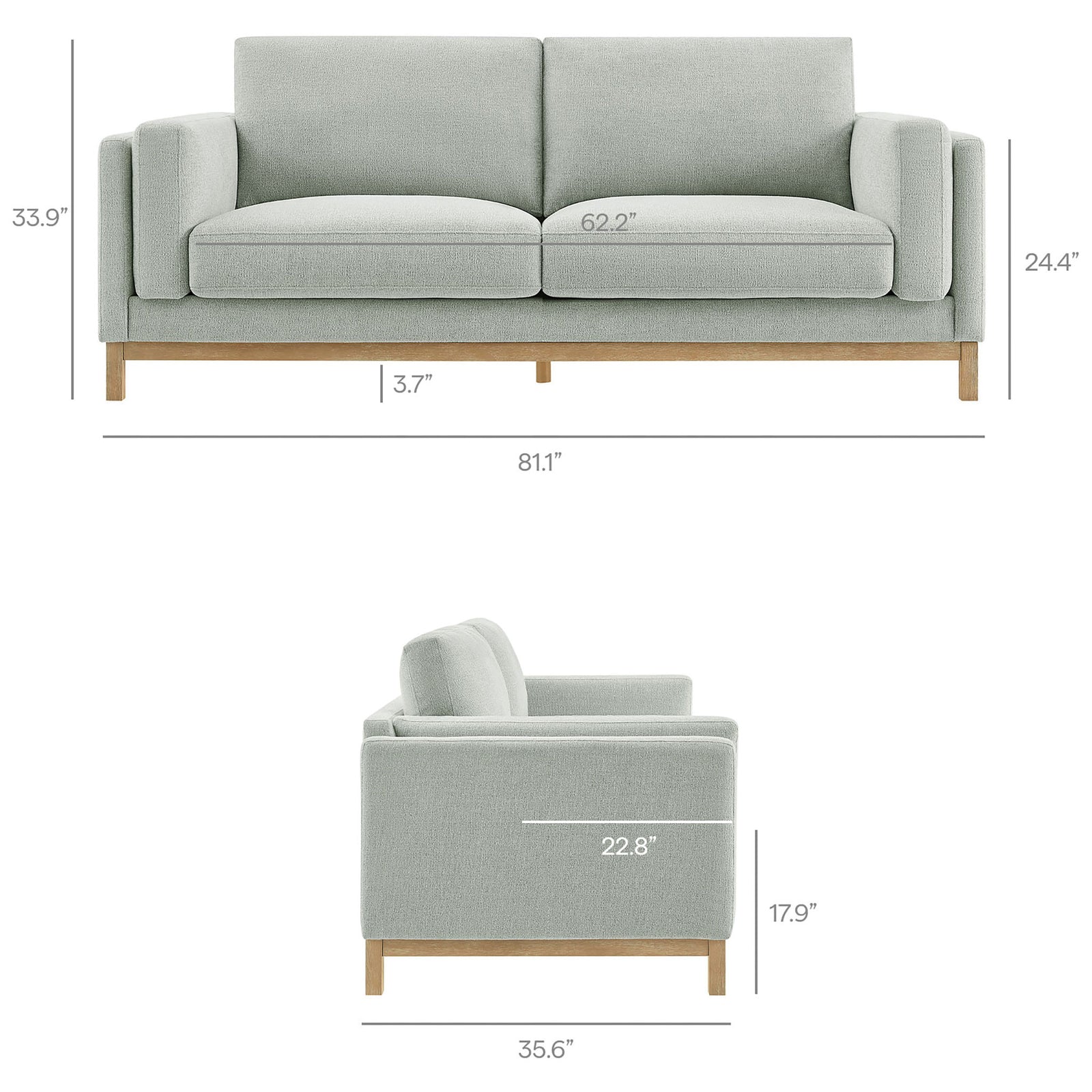 Roscoe 81 inch mist sofa with labeled overall, seat, arm, and leg dimensions for precise fit || EEI-7327-MST || dimension_studio