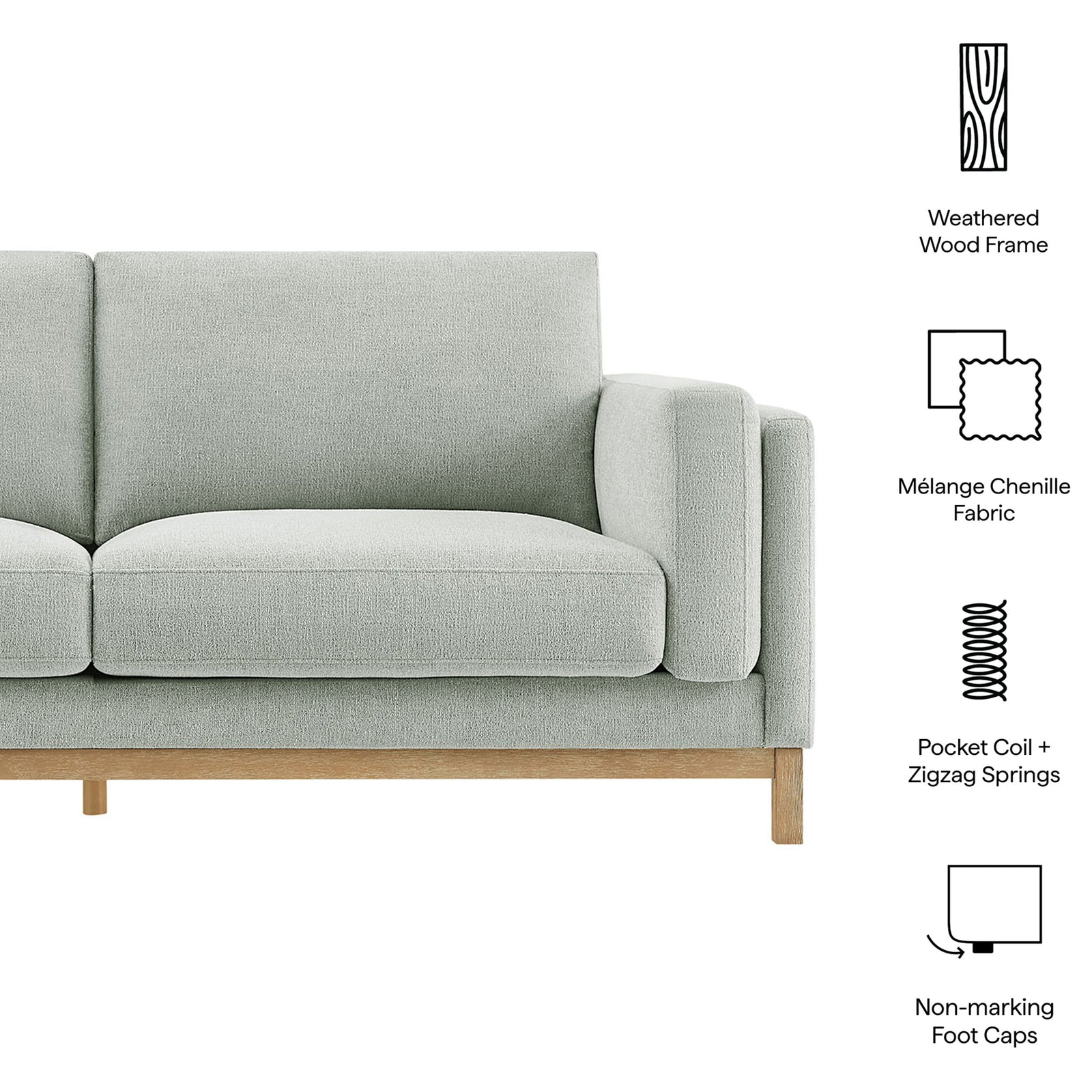 Roscoe mist sofa highlighting melange chenille, weathered wood frame, pocket coils, and non-marking feet || EEI-7327-MST || callout_studio
