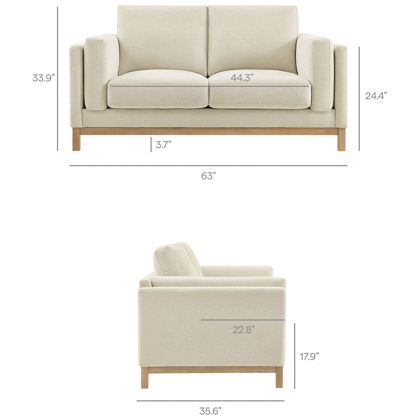 Loveseat dimensions with clearly labeled width, depth, height, seat, arm, and leg measurements. || EEI-7328-IVO || dimension_studio