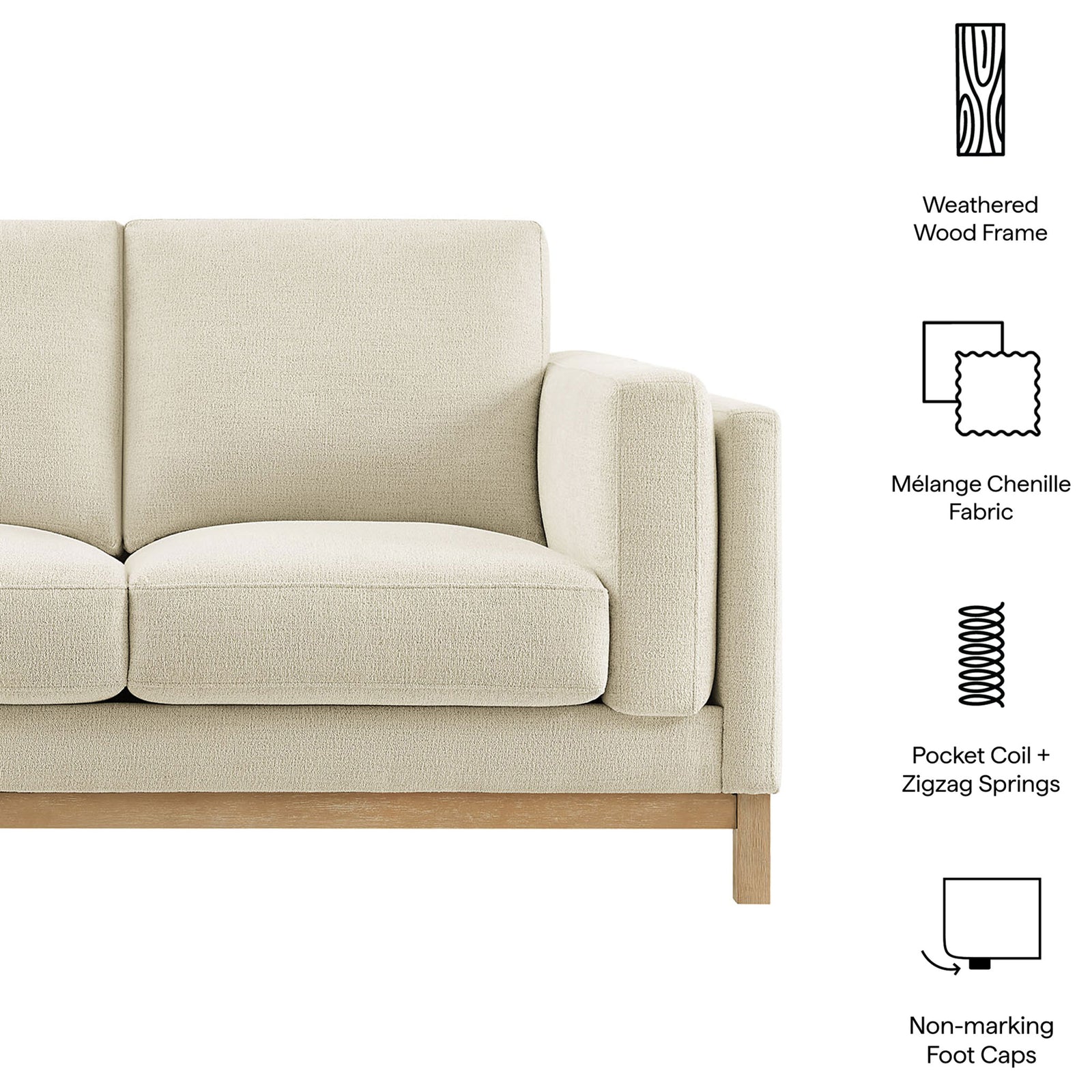 Feature highlights showing weathered wood frame, melange chenille fabric, coils, and non-marking feet. || EEI-7328-IVO || callout_studio