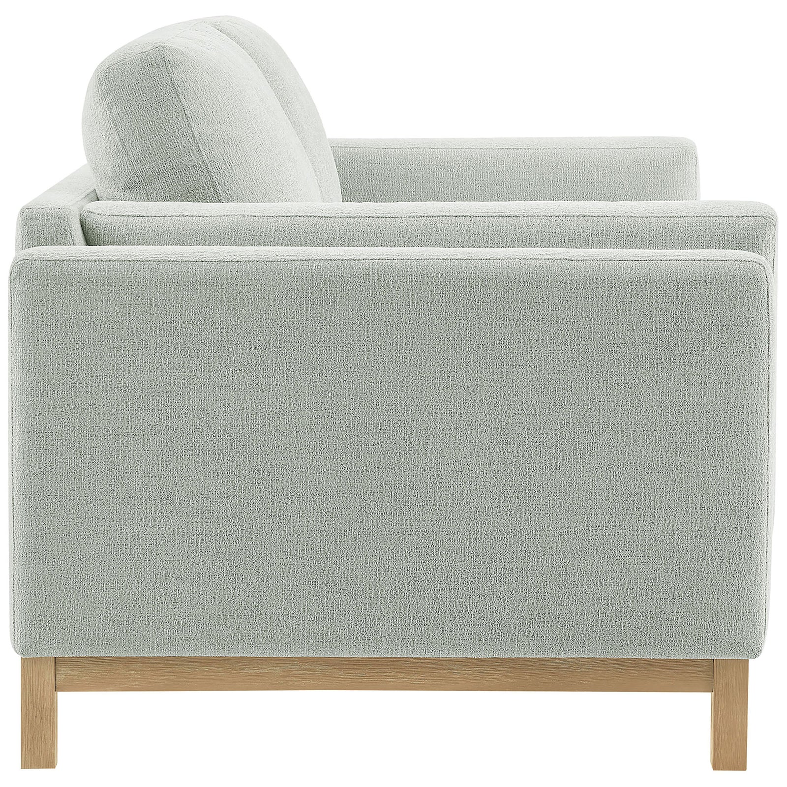 Low-profile mist loveseat showcasing the slim side silhouette and elevated wood base || EEI-7328-MST || side_studio
